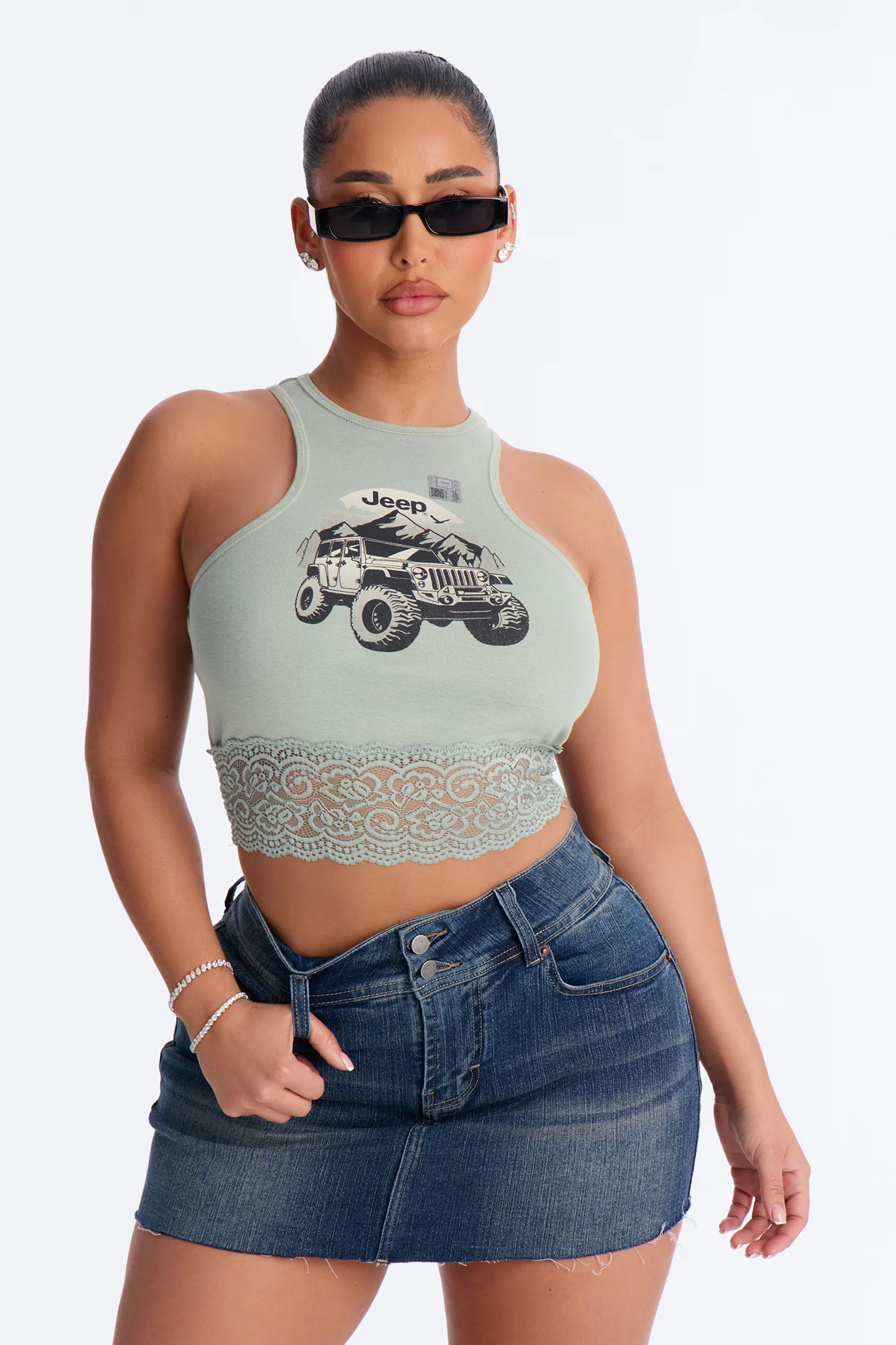 Jeep Lace Trim Muscle Tank - Sage
