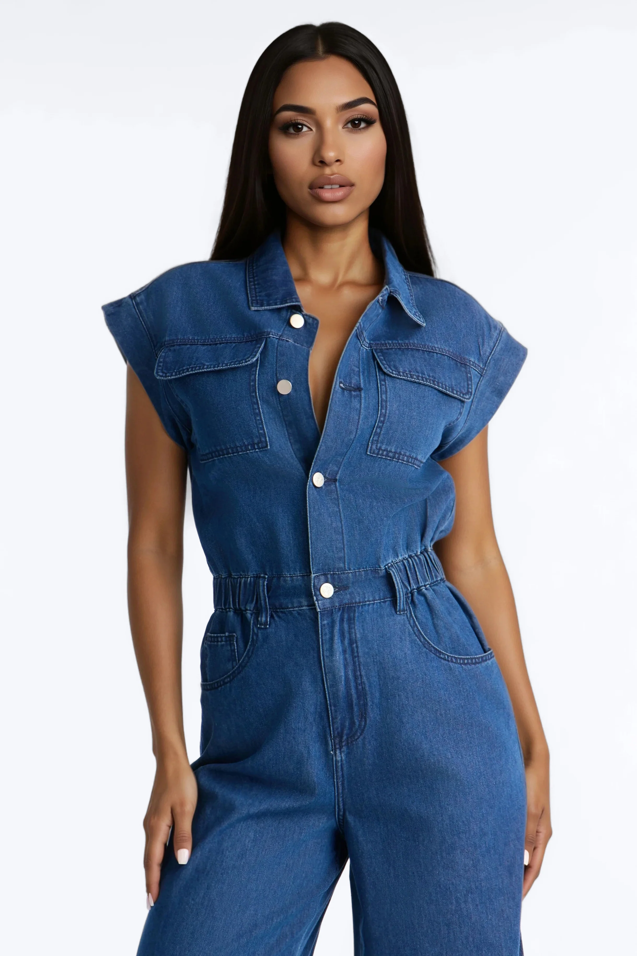 Jelina Denim Collar Wide Leg Jumpsuit - Medium Wash - Image 3