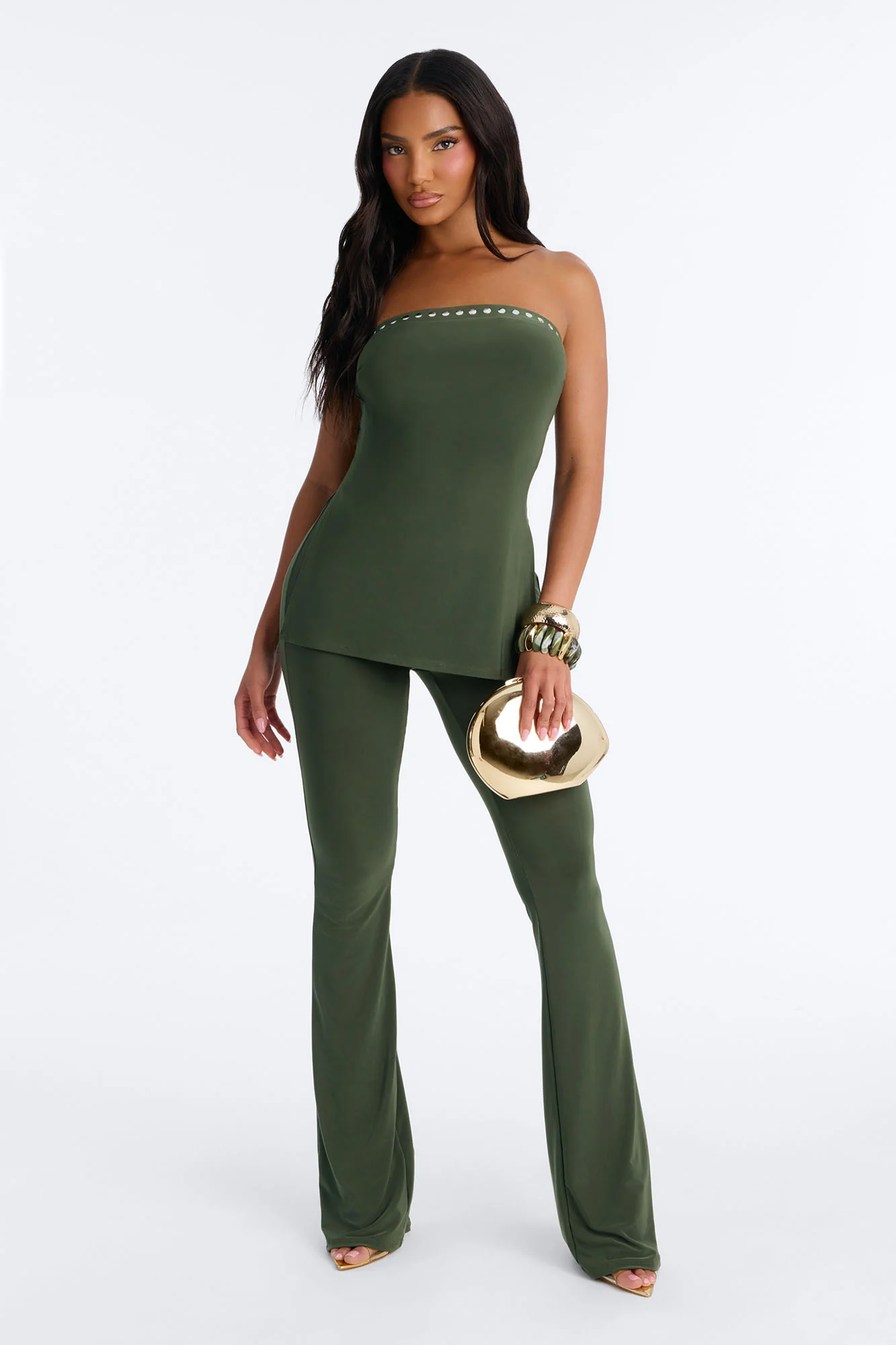 Jemma Strapless Studded Pant Set - Olive