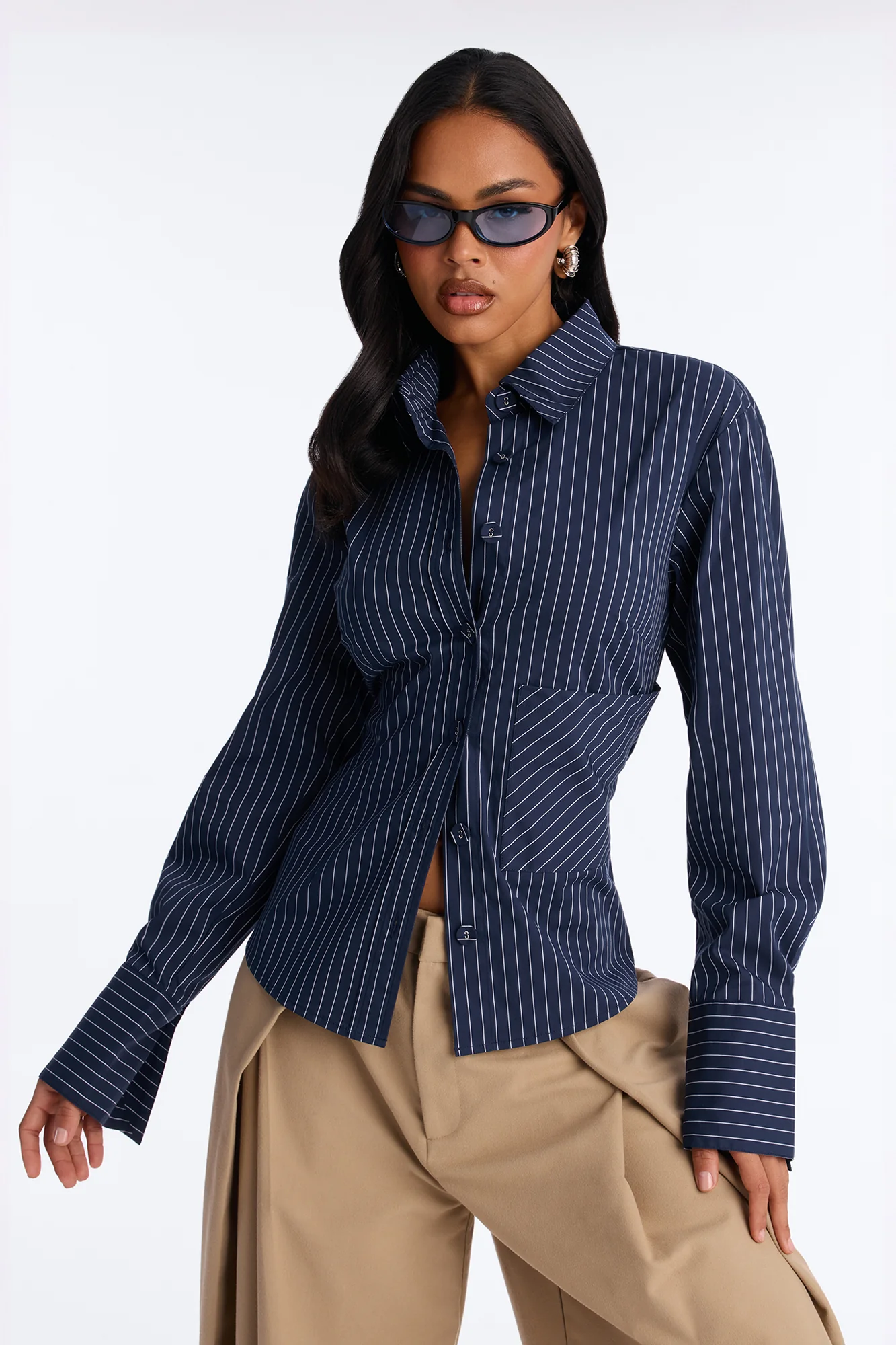 Jenna Pinstripe Poplin Shirt - Navy/combo