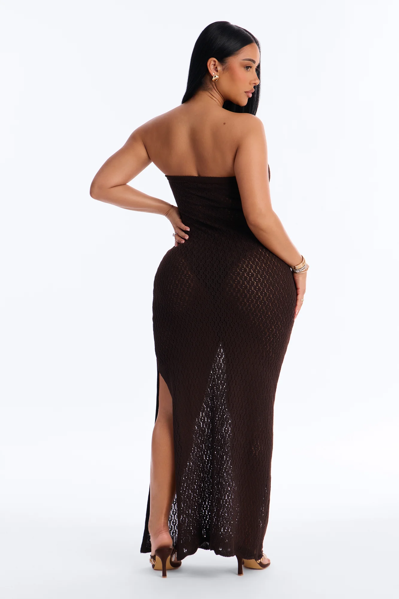 Jenni Strapless Crochet Maxi Dress - Chocolate - Image 4