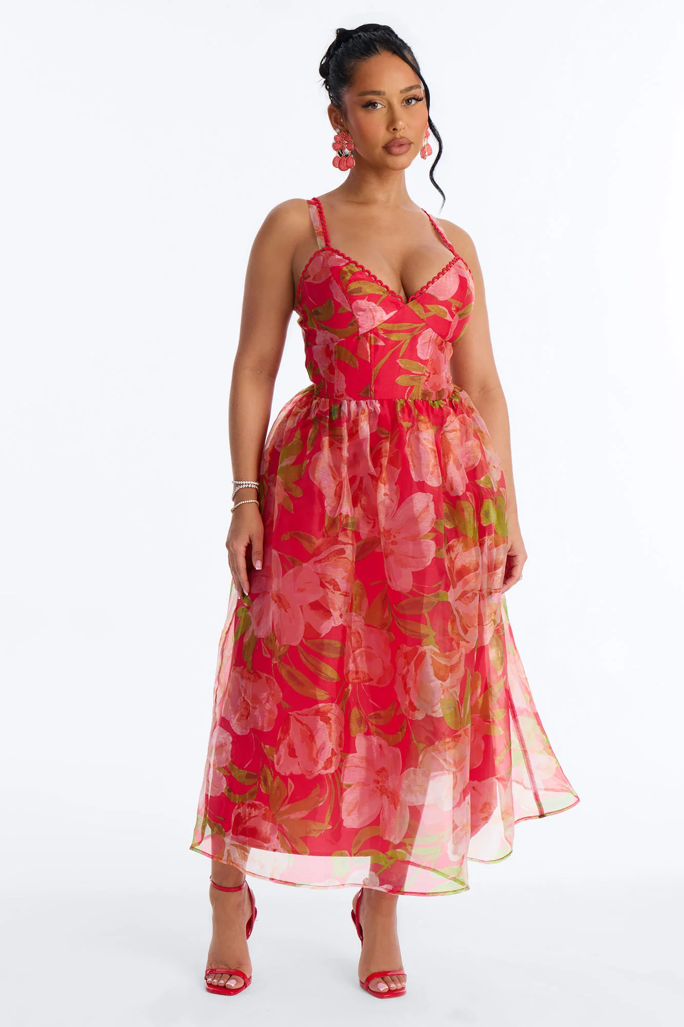 Jennifer Floral Organza Midi Dress - Red/combo