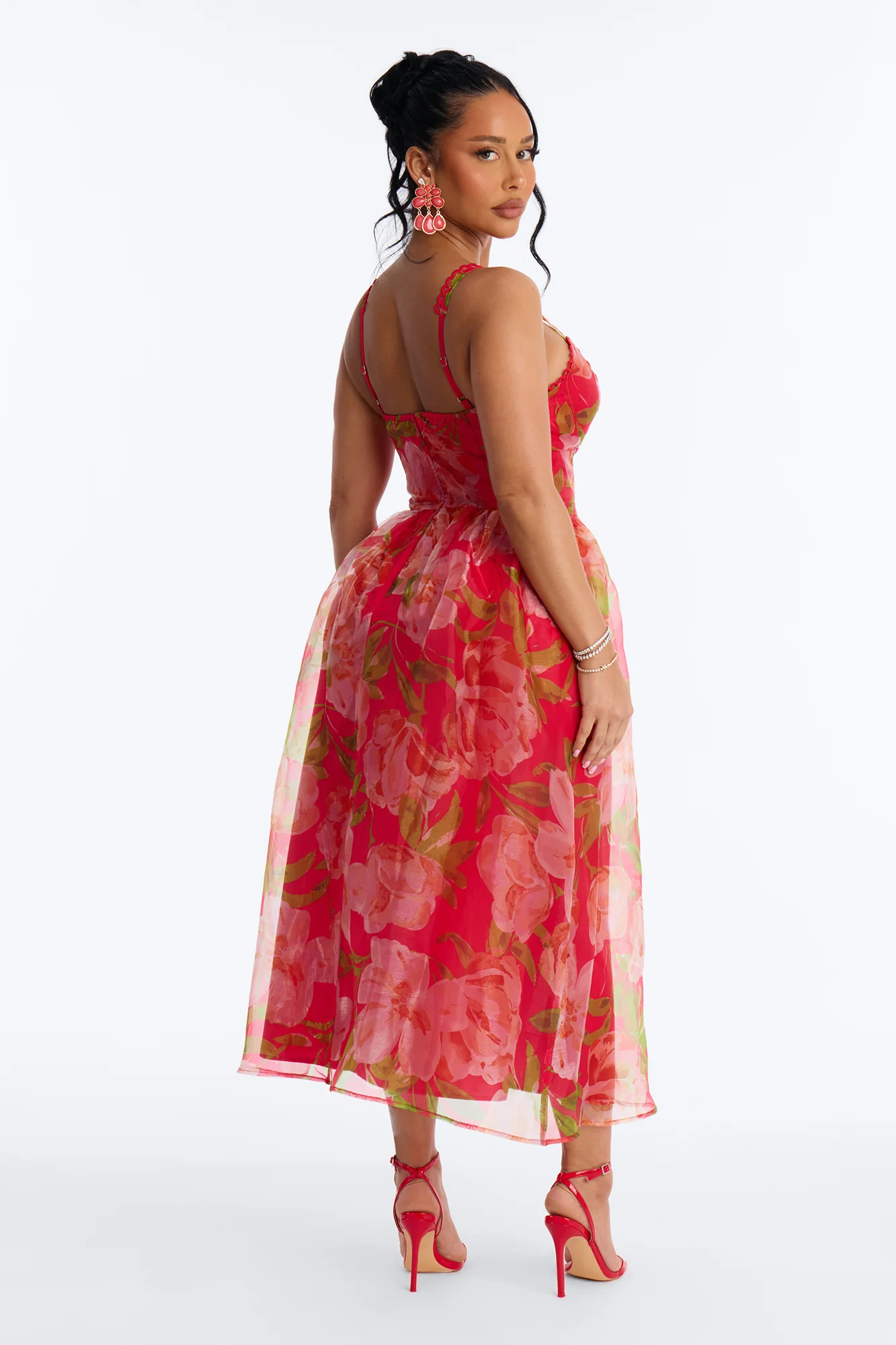 Jennifer Floral Organza Midi Dress - Red/combo - Image 3