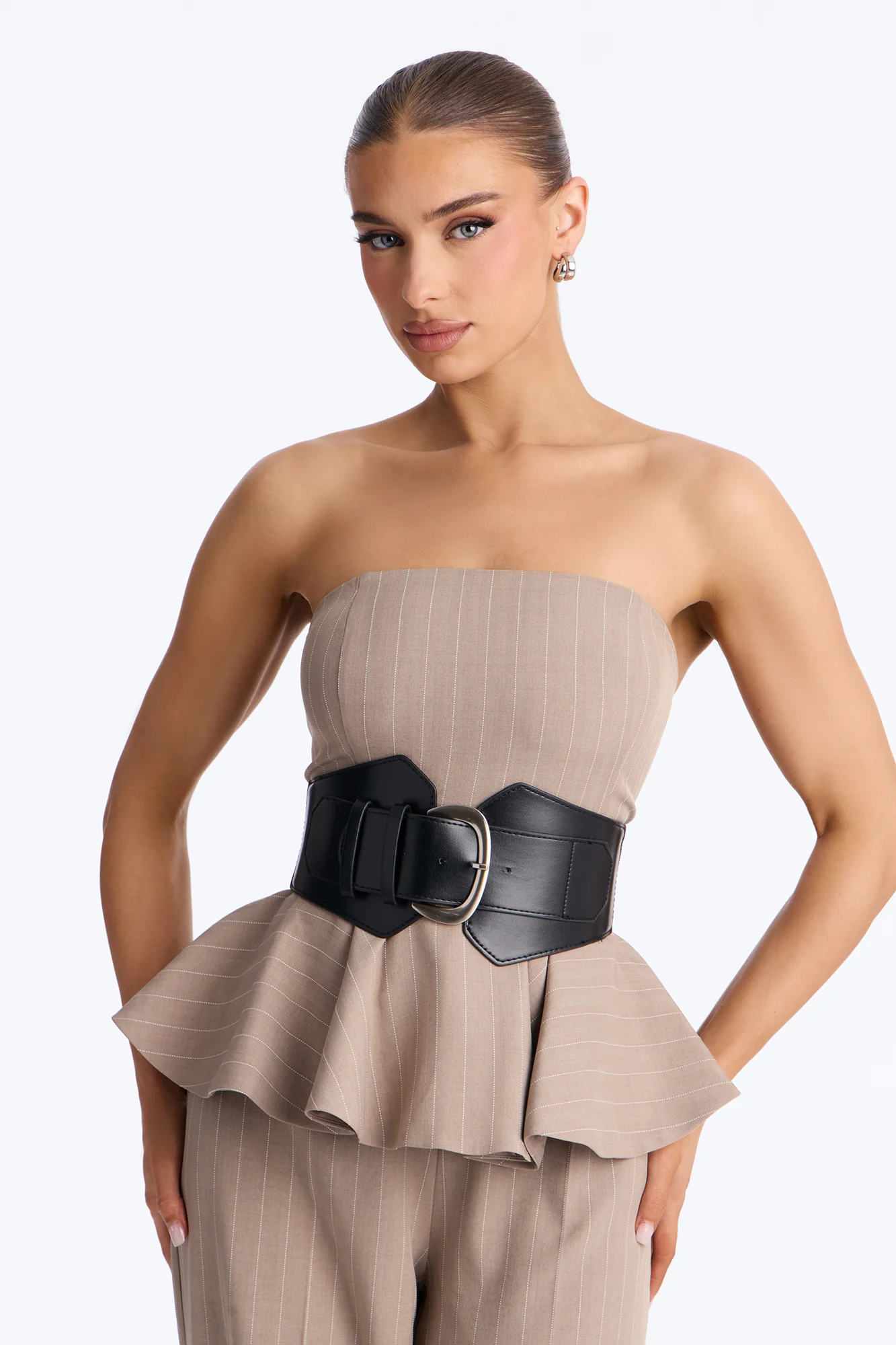 Jessa Pinstripe Belted Wide Leg - Taupe - Image 2
