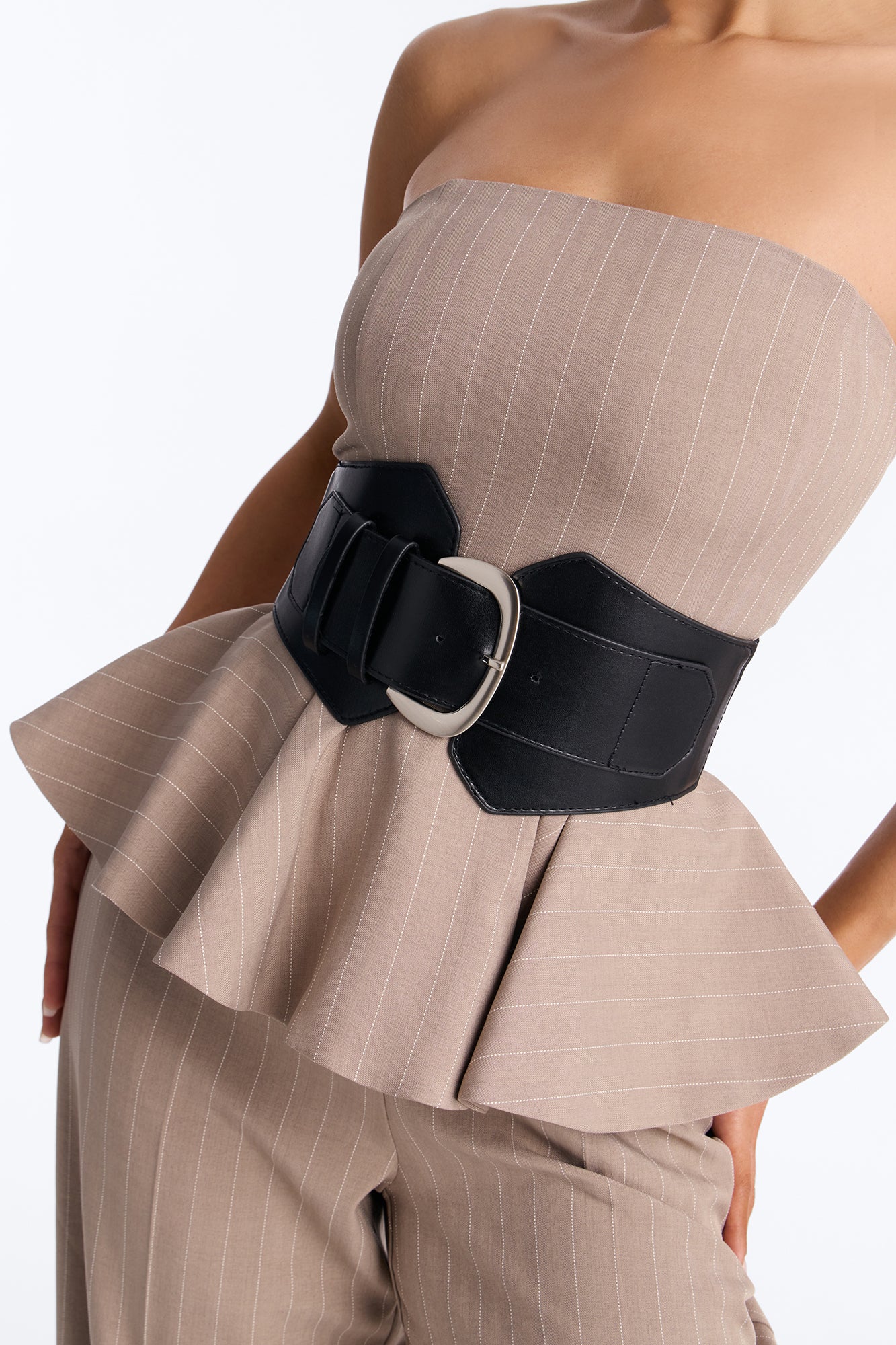 Jessa Pinstripe Belted Wide Leg - Taupe - Image 3