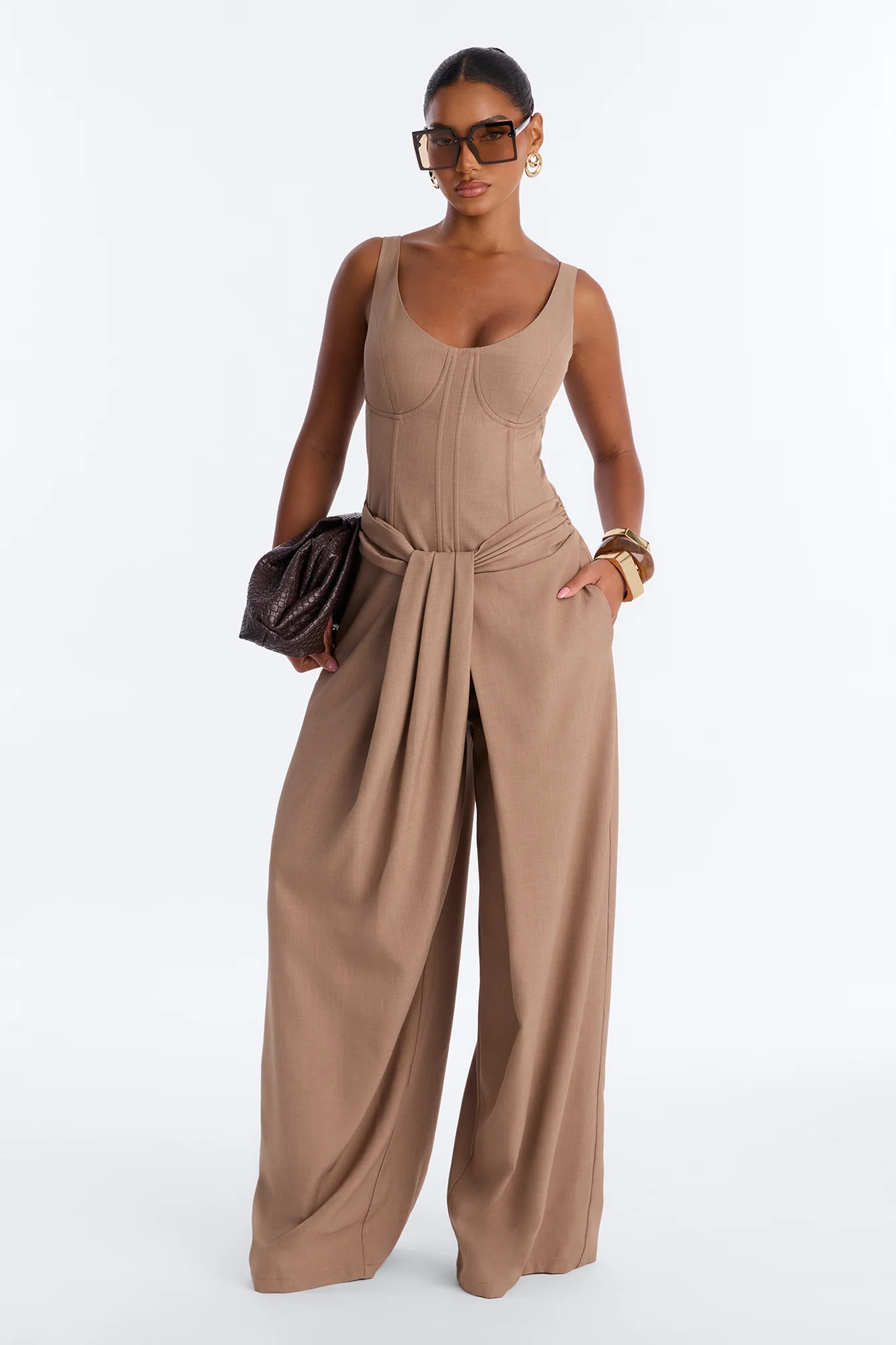 Jessa Twist Front Wide Leg Jumpsuit - Taupe