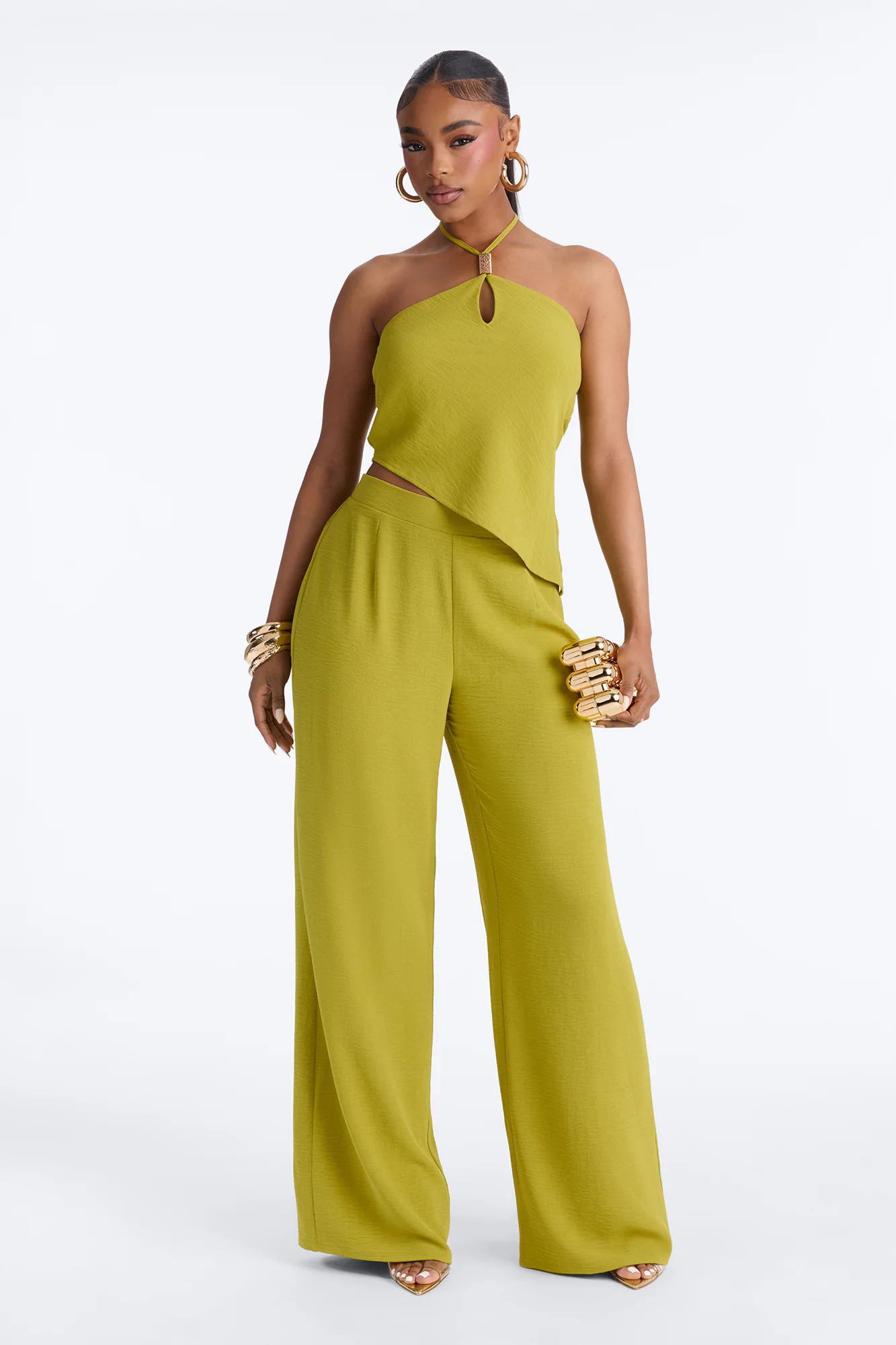 Jessica Hardware Halter Pant Set - Chartreuse