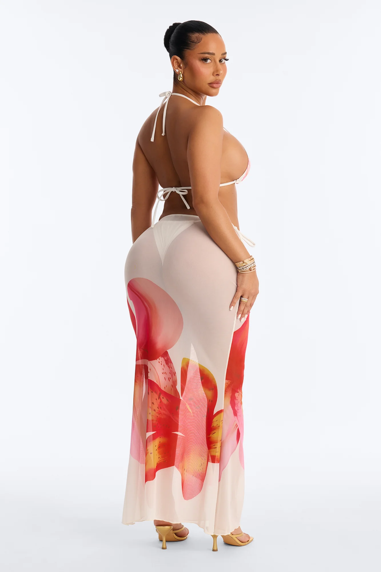 Jestena 3 Piece Floral Triangle Bikini & Mesh Cover Up Maxi Skirt Sunsuit - Multi Color - Image 5