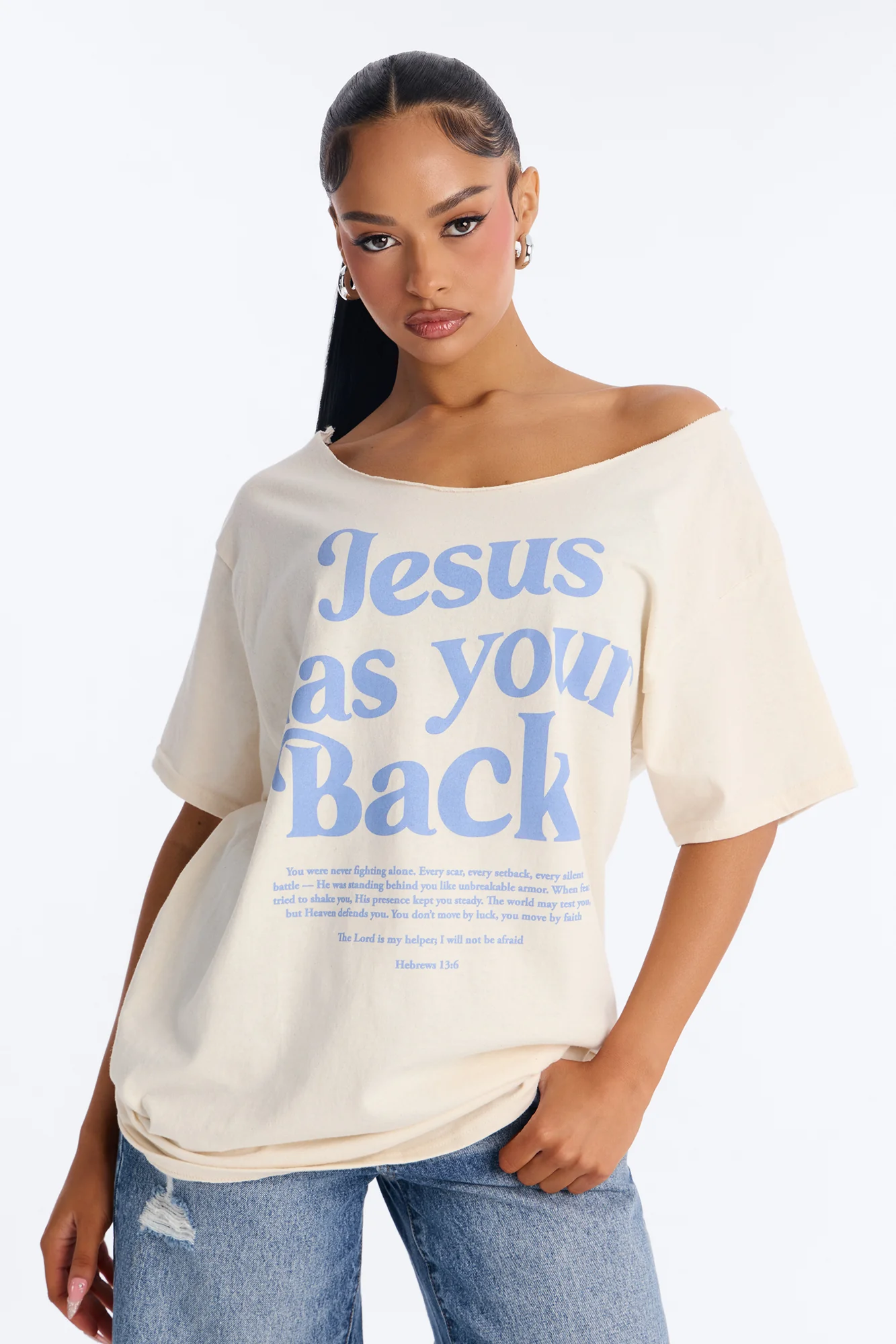 Jesus Has My Back Off Shoulder Tee - Natural
