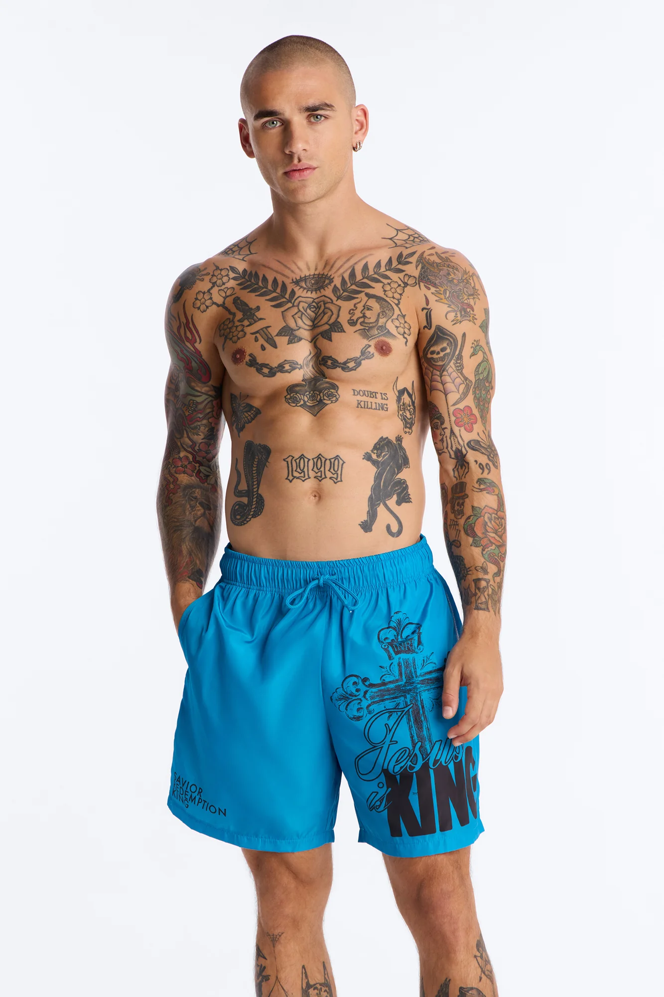 Jesus Is King Swim Trunk 7″ - Blue - Image 3