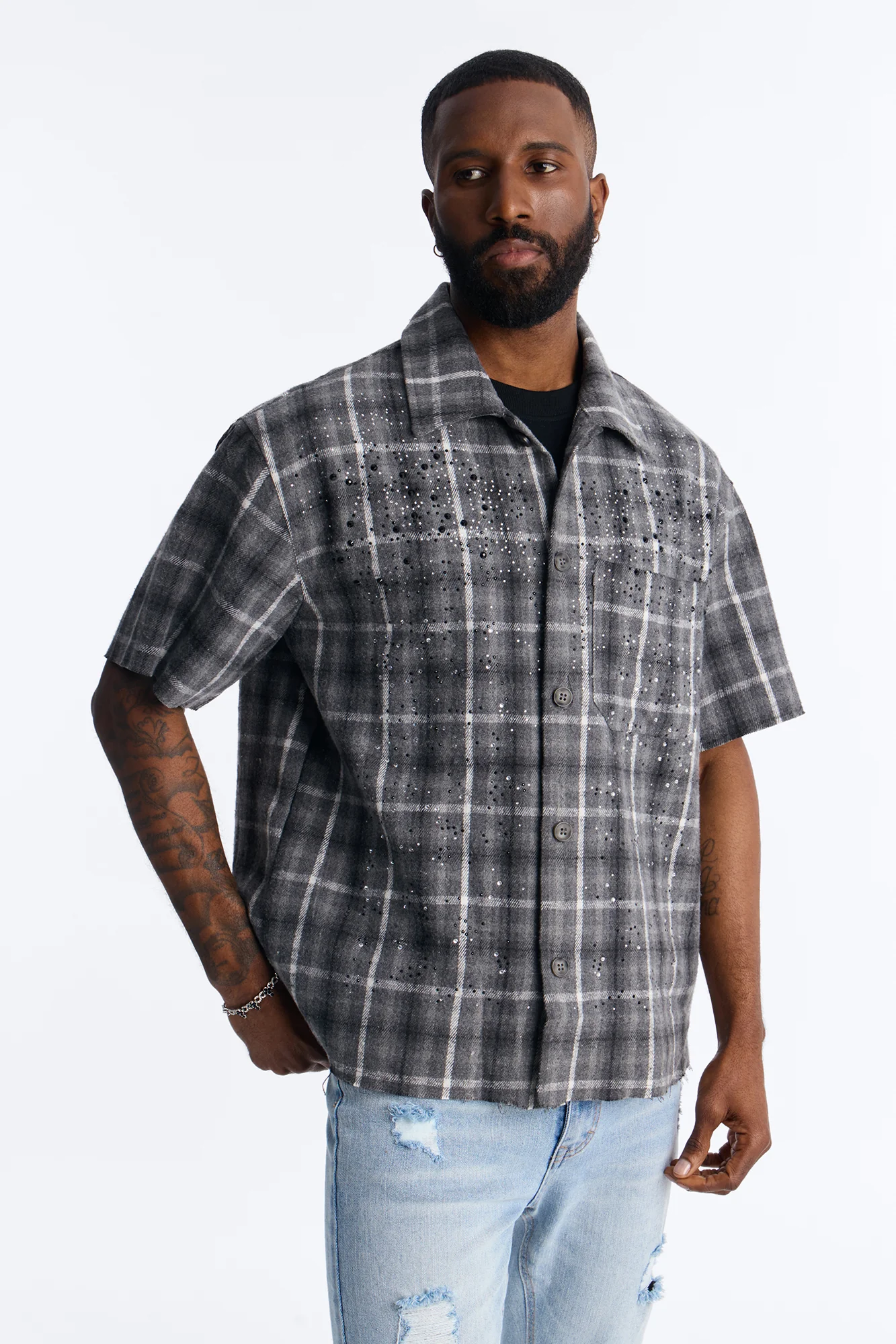 Jeweled Plaid Raw Hem Button Up Shirt - Black