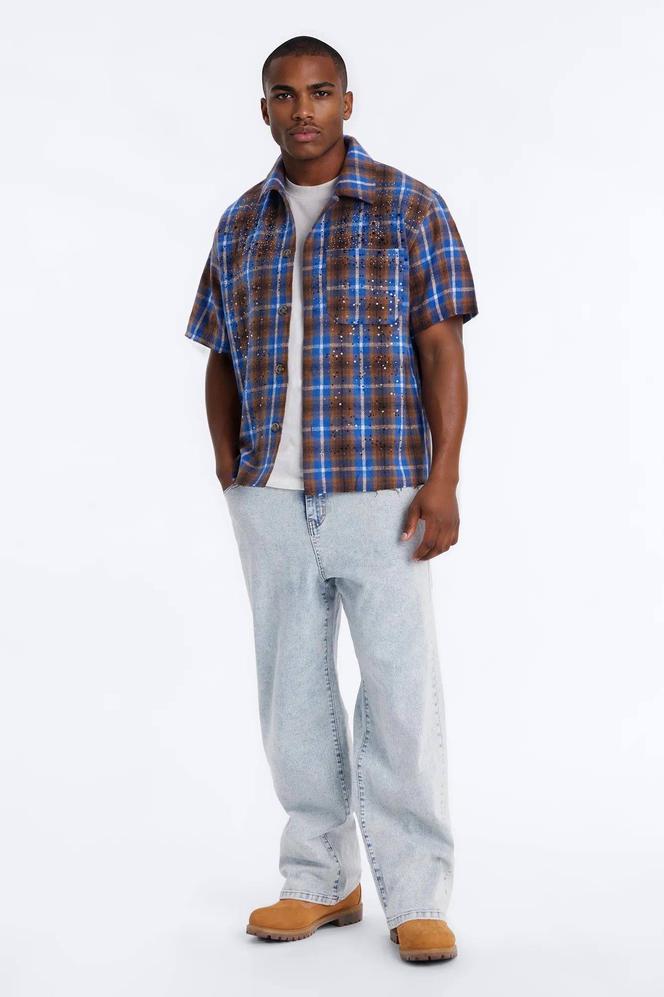 Jeweled Plaid Raw Hem Button Up Shirt - Blue - Image 2