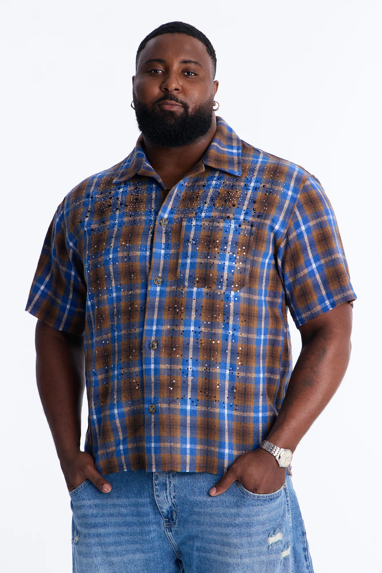 Jeweled Plaid Raw Hem Button Up Shirt - Blue - Image 5