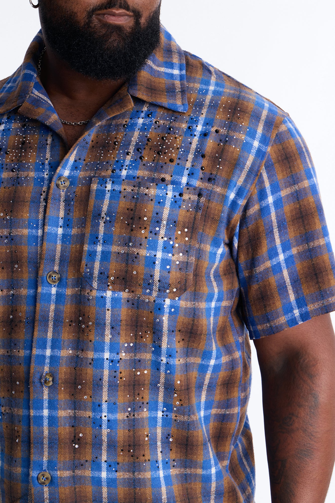 Jeweled Plaid Raw Hem Button Up Shirt - Blue - Image 7
