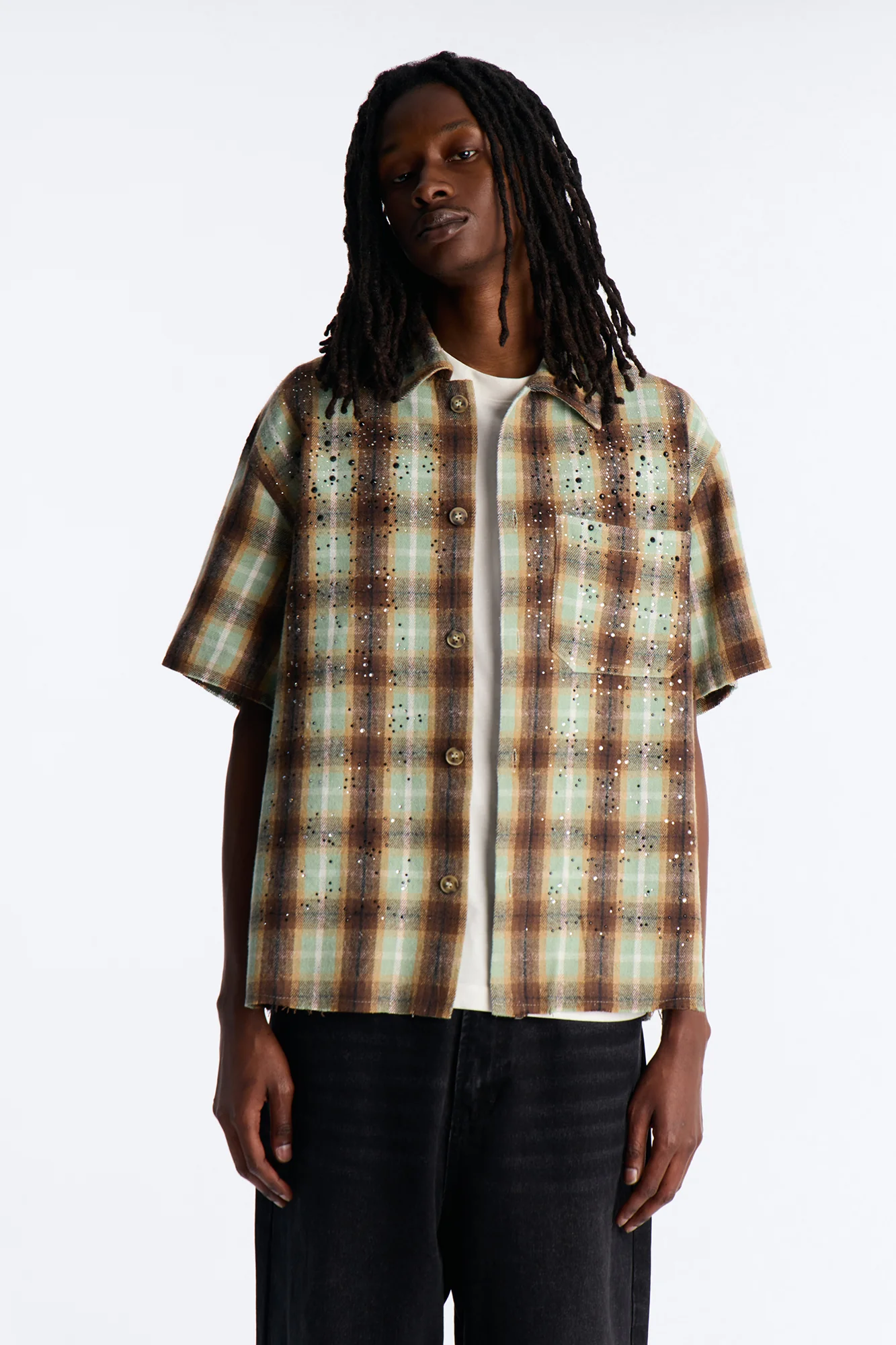 Jeweled Plaid Raw Hem Button Up Shirt - Olive