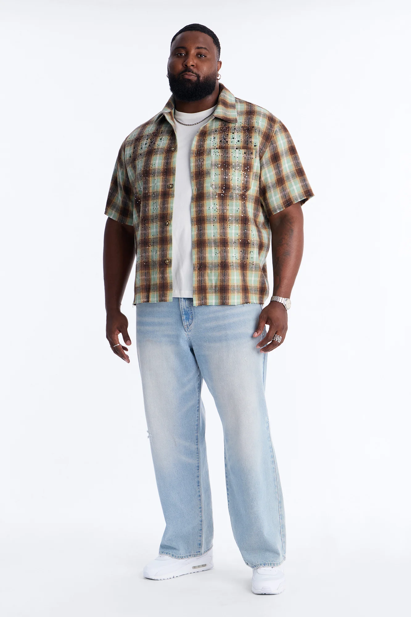 Jeweled Plaid Raw Hem Button Up Shirt - Olive - Image 6