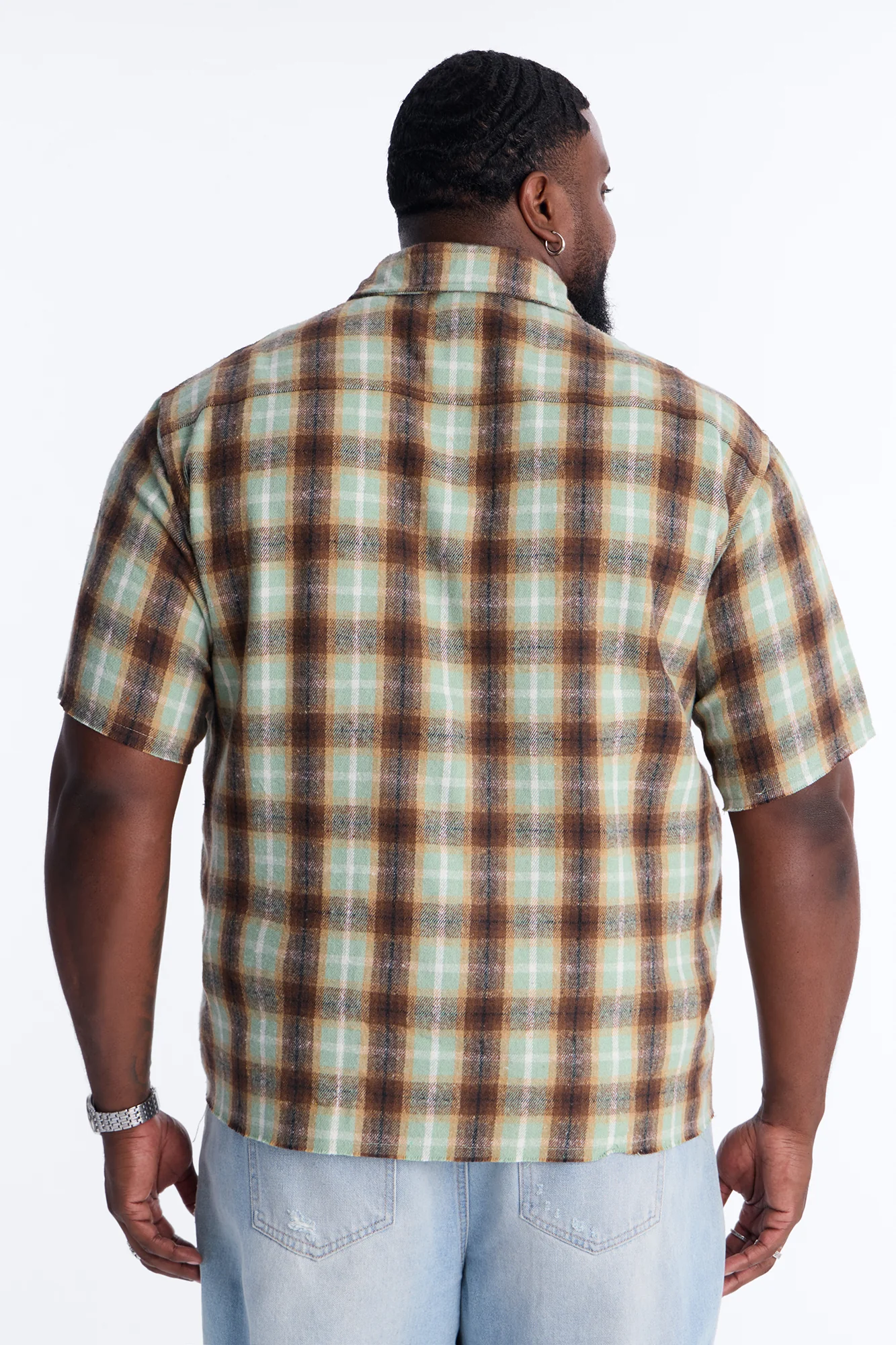 Jeweled Plaid Raw Hem Button Up Shirt - Olive - Image 8