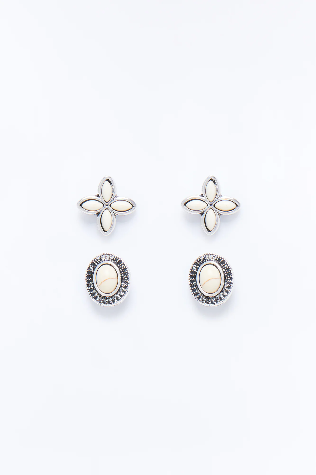 Jeweled Stone 2 Pair Earring Set - White/Silver