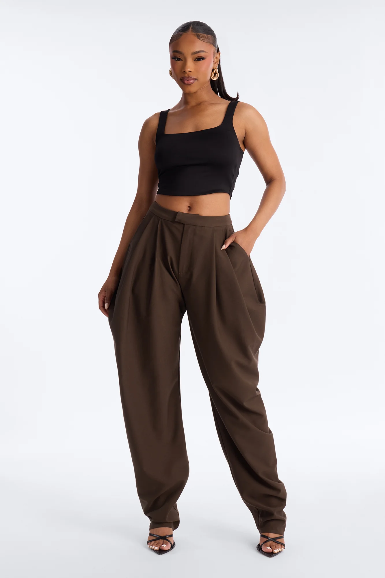 Jimena Draped Barrel Leg Trouser Pant 32″ - Mocha