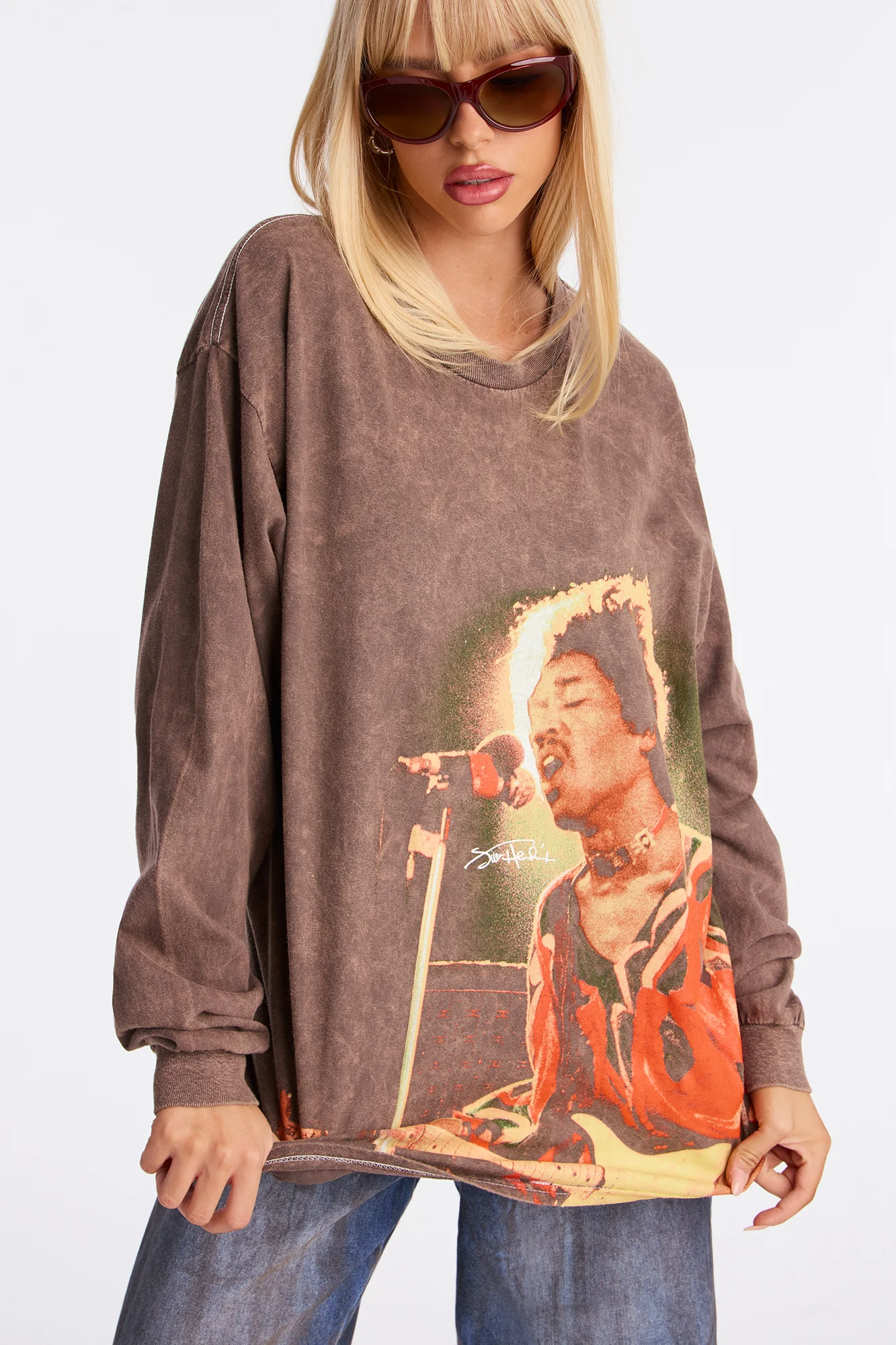 Jimi Hendrix Washed Long Sleeve Tee - Brown