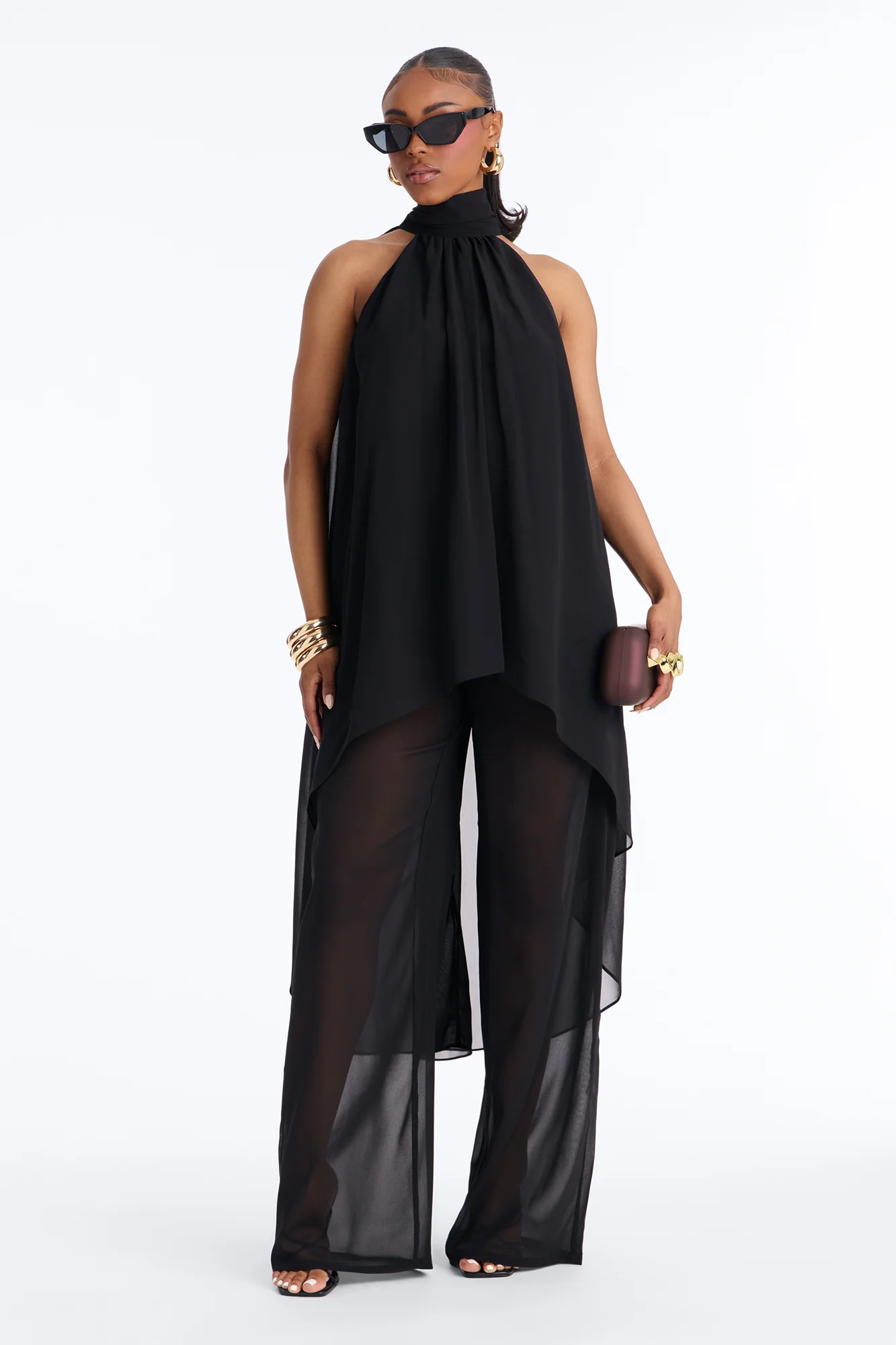 Jocelyn Flowy Halter Pant Set - Black