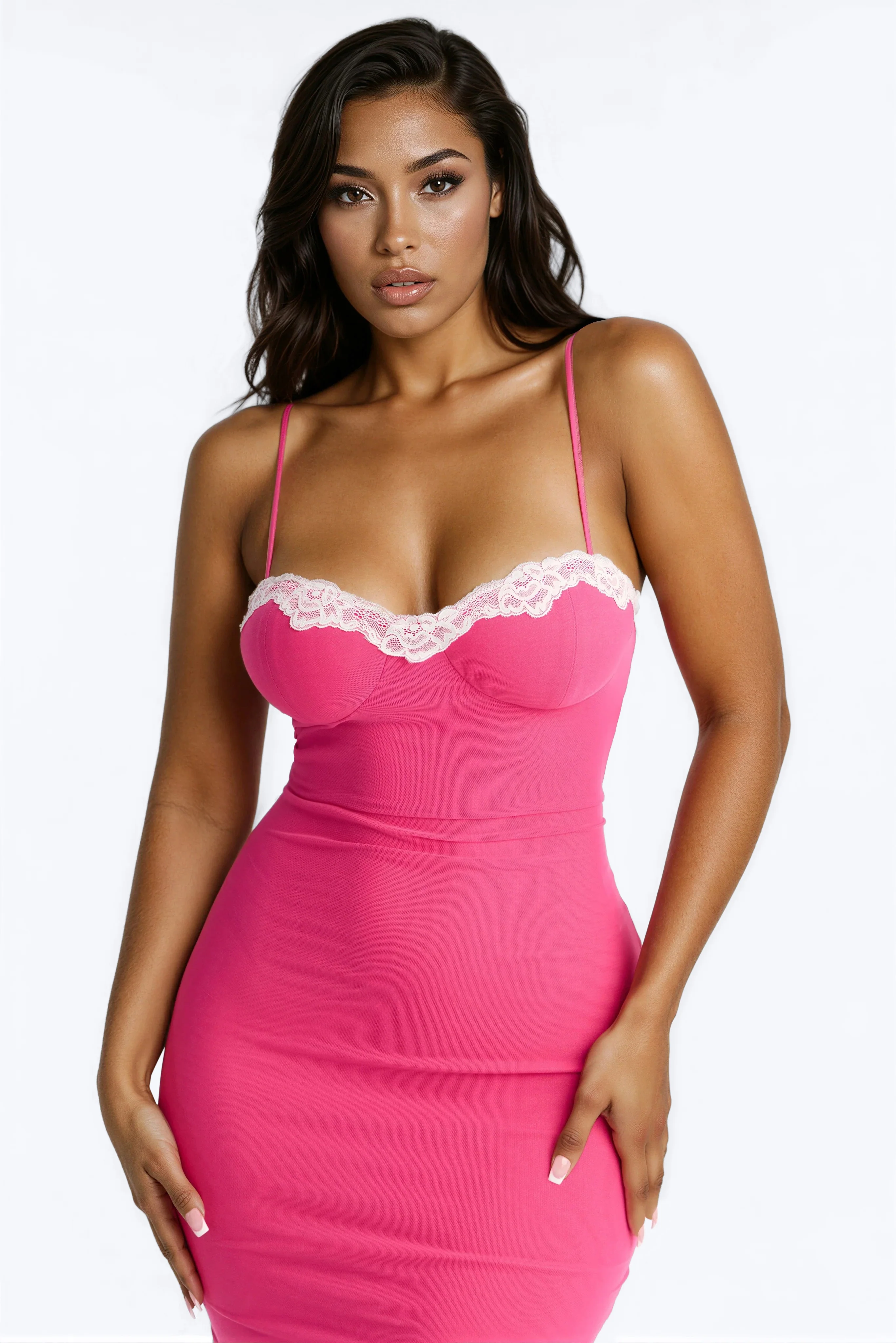 Jolie Lace Up Mesh Midi Dress - Pink - Image 2