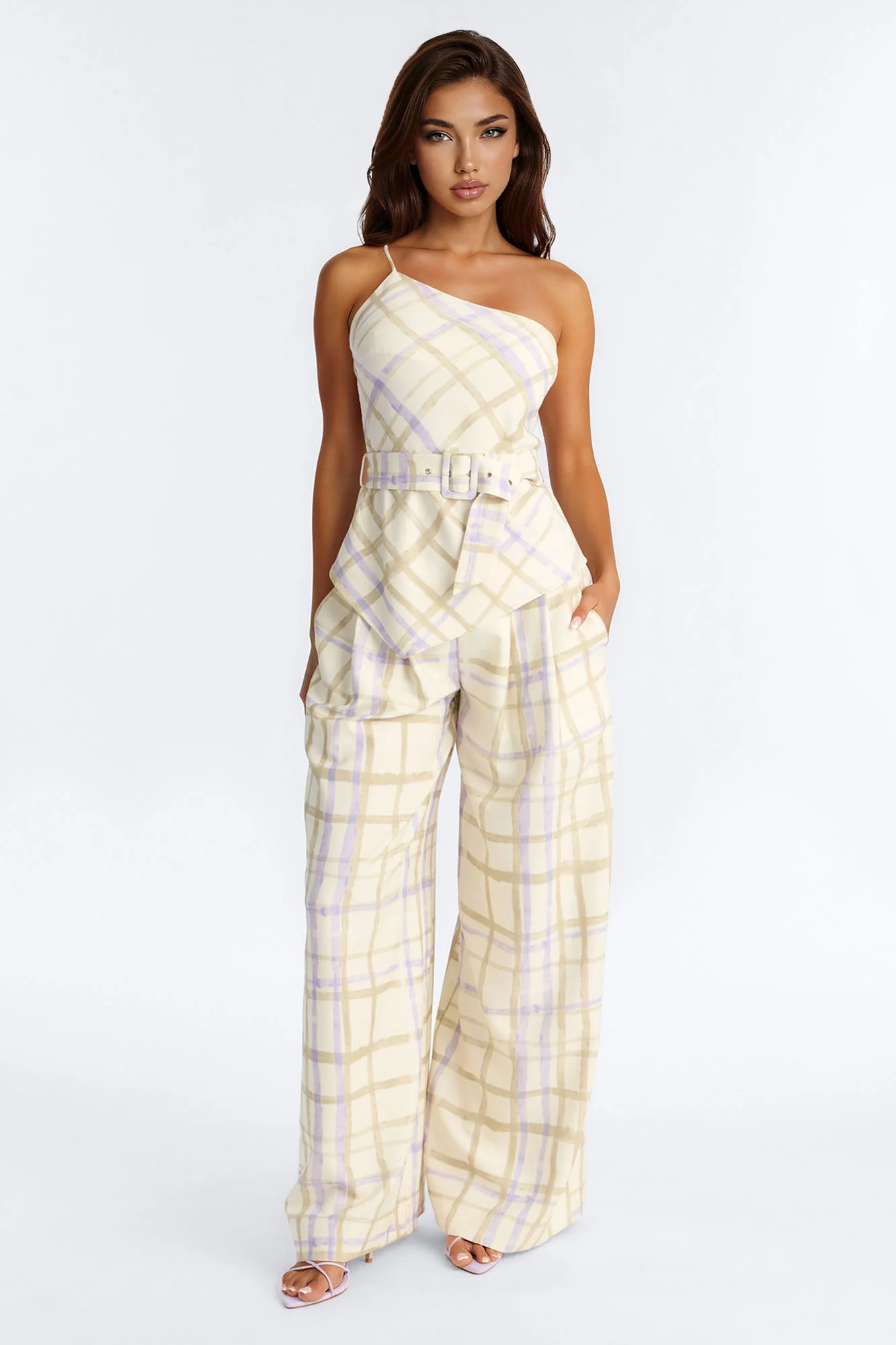 Jordan One Shoulder Belted Plaid Pant Set - Cream/combo