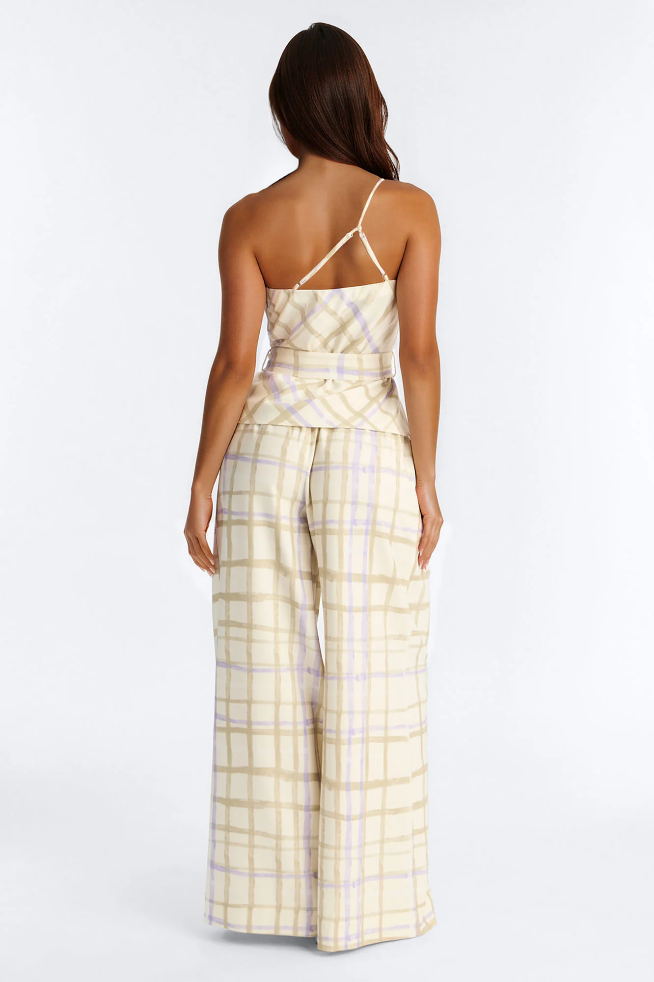 Jordan One Shoulder Belted Plaid Pant Set - Cream/combo - Image 3