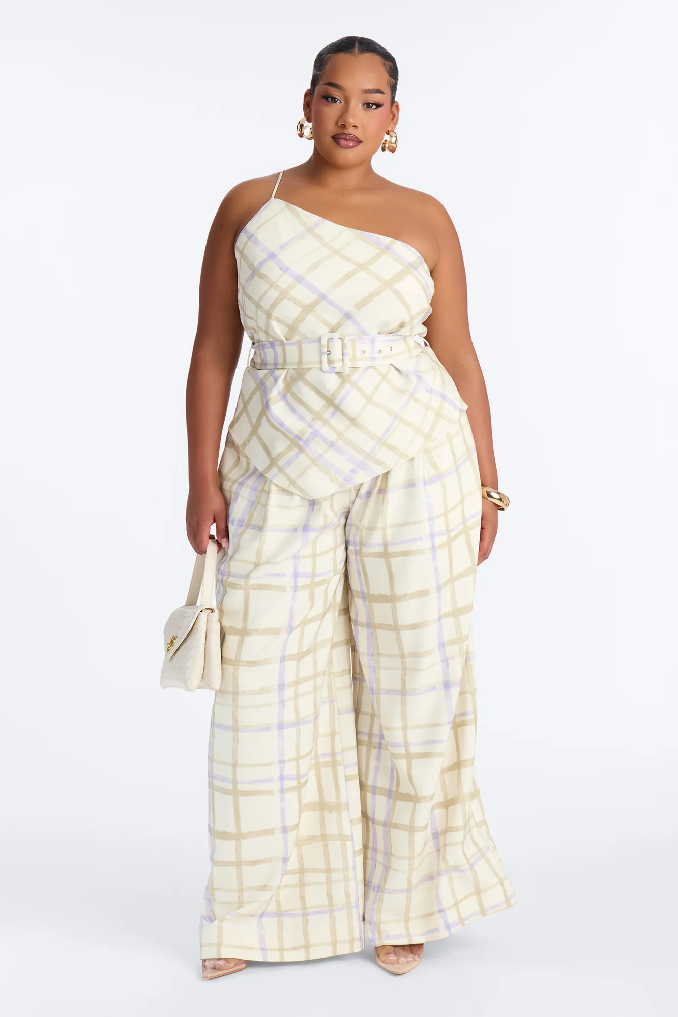 Jordan One Shoulder Belted Plaid Pant Set - Cream/combo - Image 4