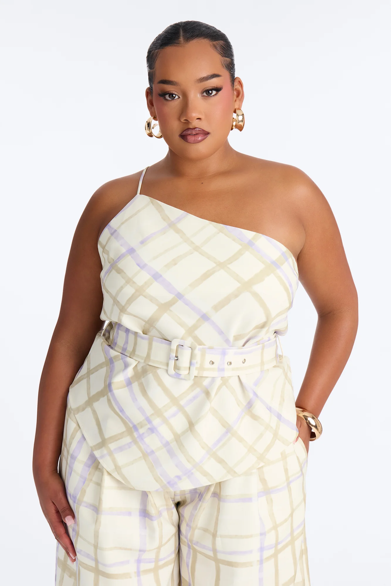 Jordan One Shoulder Belted Plaid Pant Set - Cream/combo - Image 5