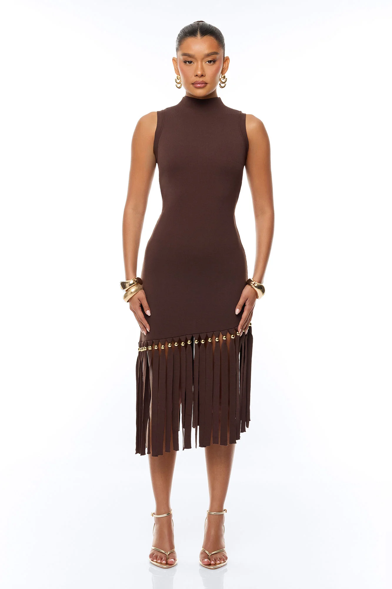 Jordyn Fringe Trim Midi Dress - Chocolate
