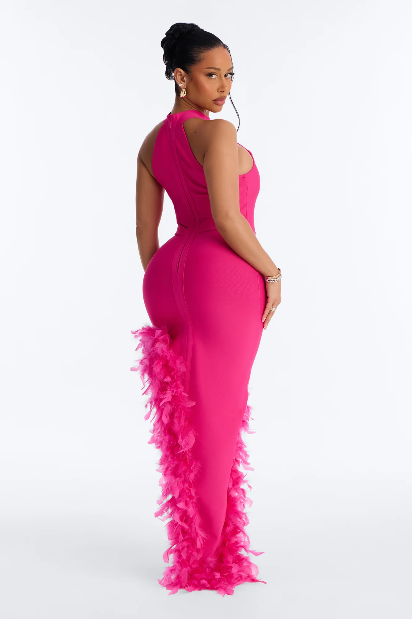Jorgie Feathered Bandage Gown - Hot Pink - Image 4