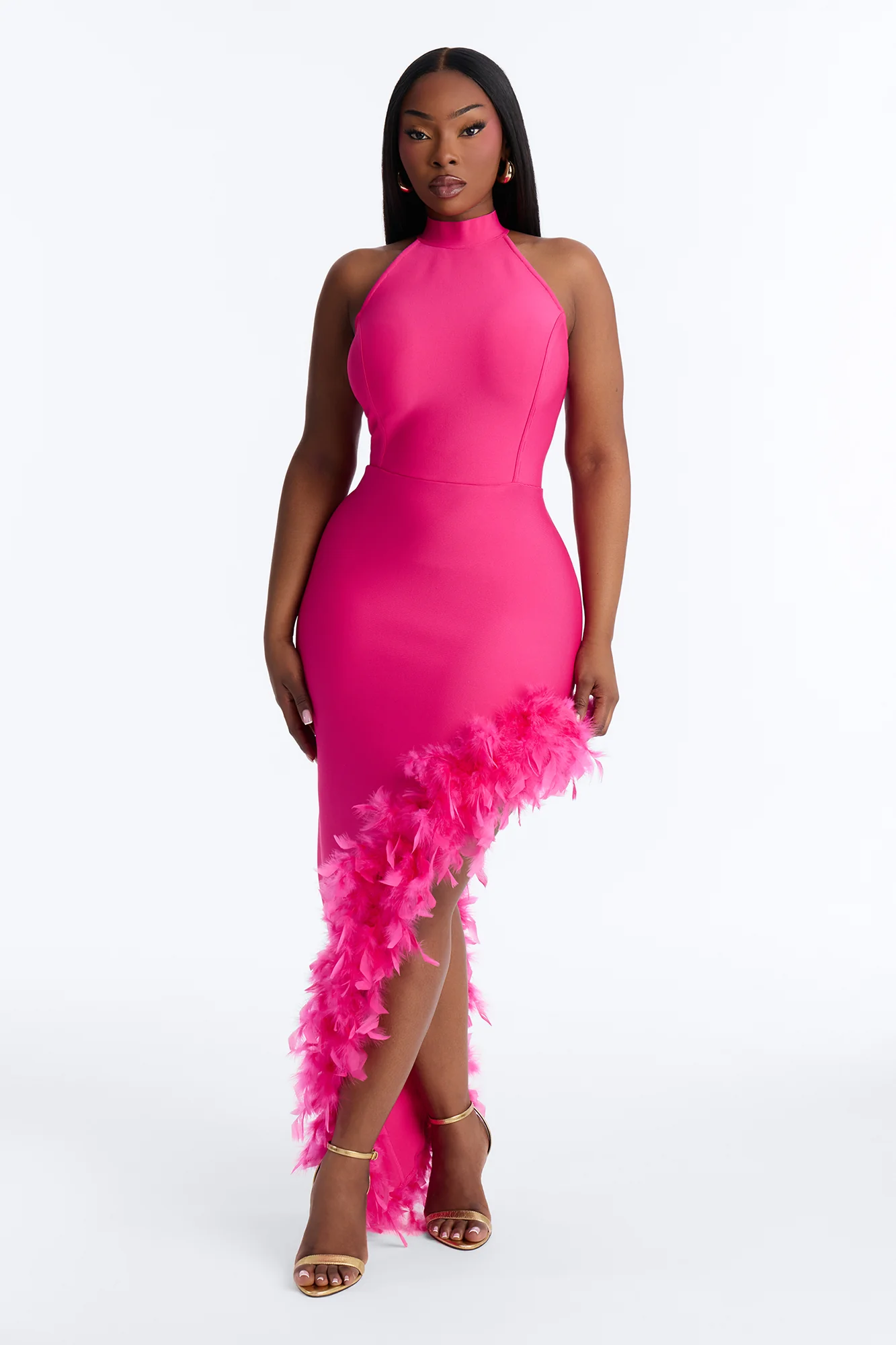 Jorgie Feathered Bandage Gown - Hot Pink - Image 5