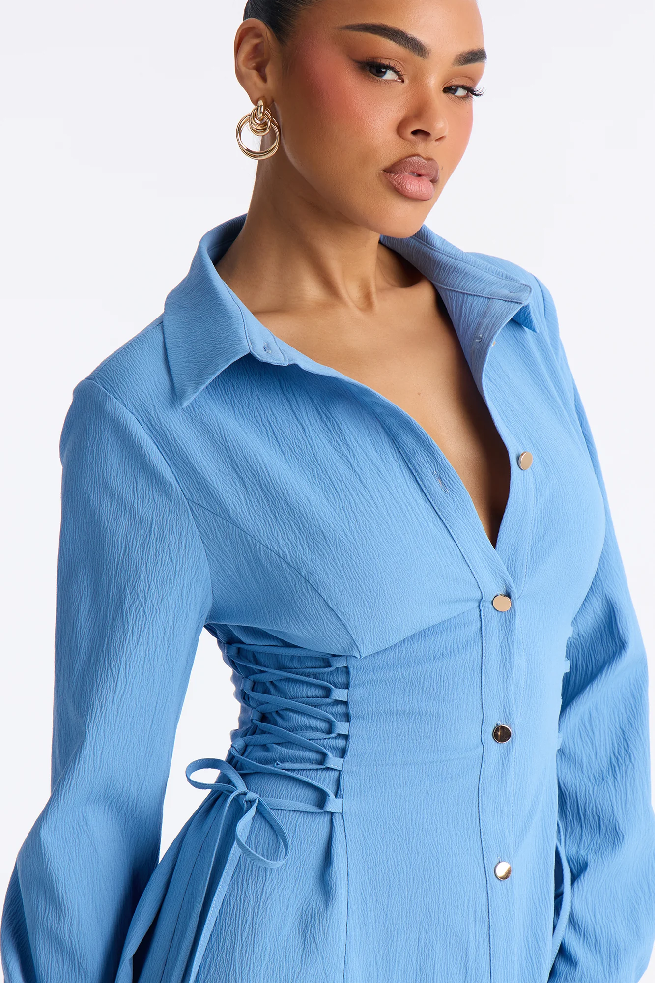 Josephine Collar Long Sleeve Midi Dress - Blue - Image 3