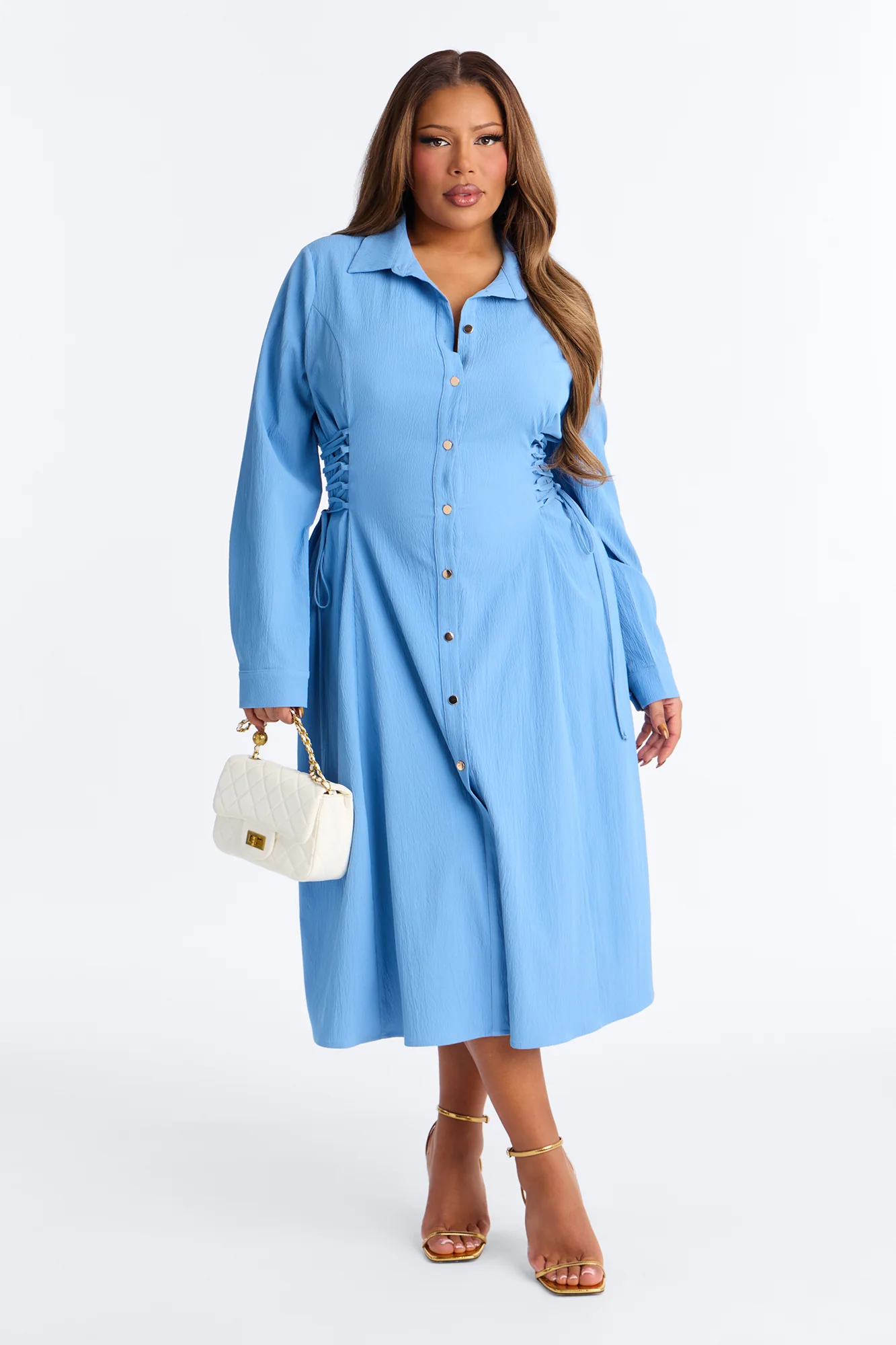 Josephine Collar Long Sleeve Midi Dress - Blue - Image 5