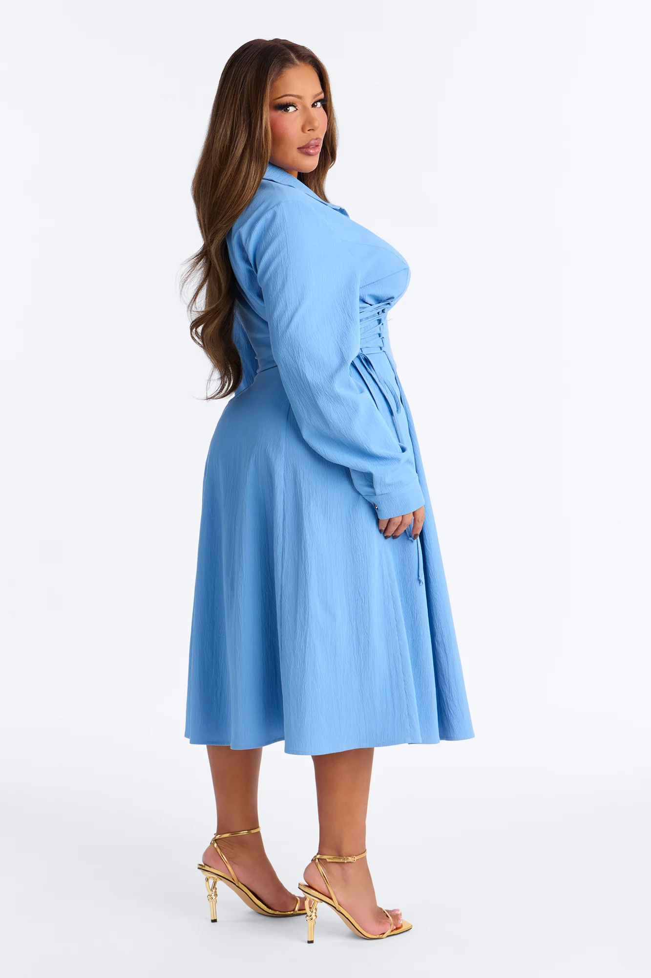 Josephine Collar Long Sleeve Midi Dress - Blue - Image 8
