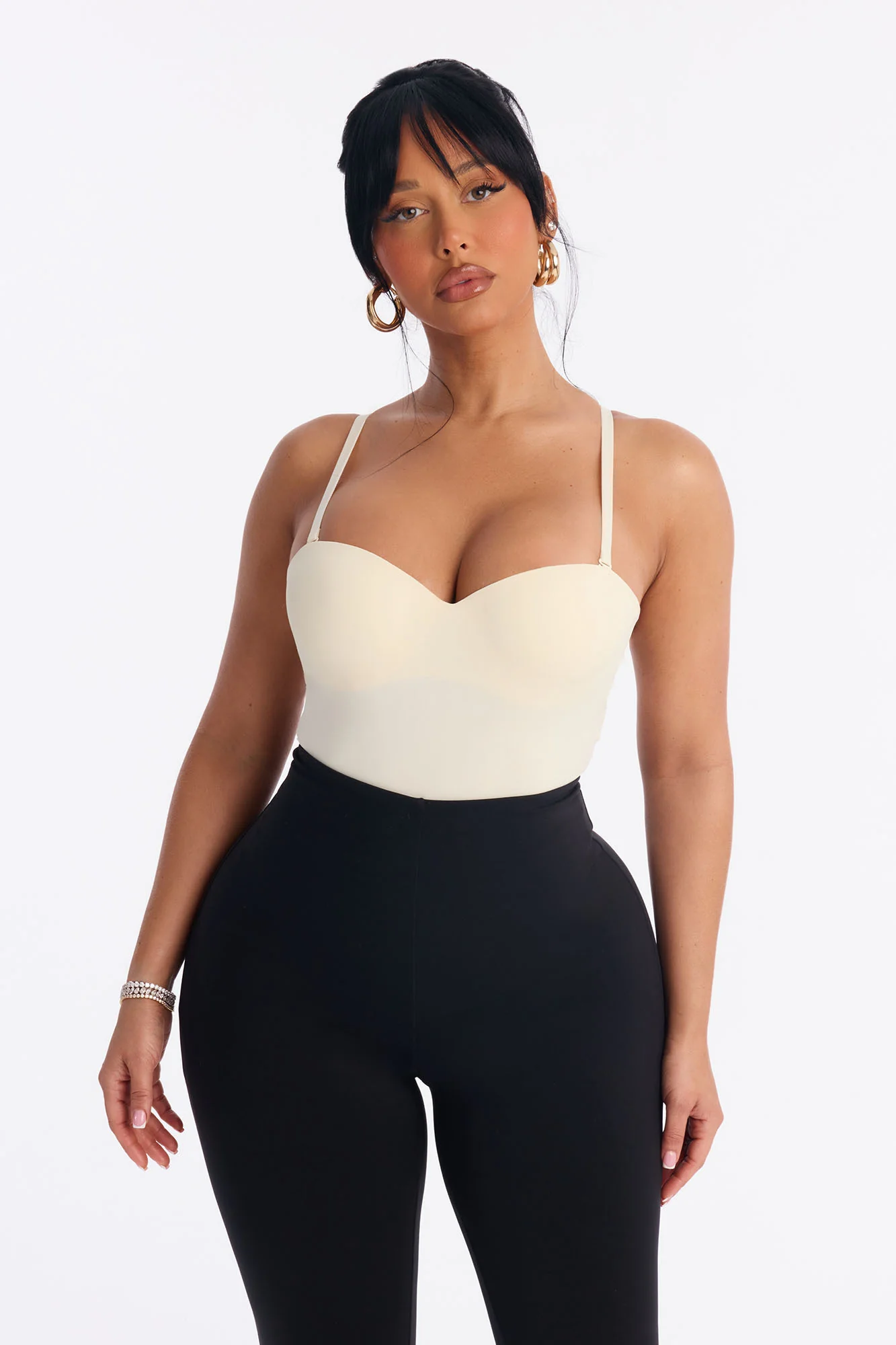 Josie Padded Sweetheart Neck Spaghetti Strap Bodysuit - Cream - Image 3