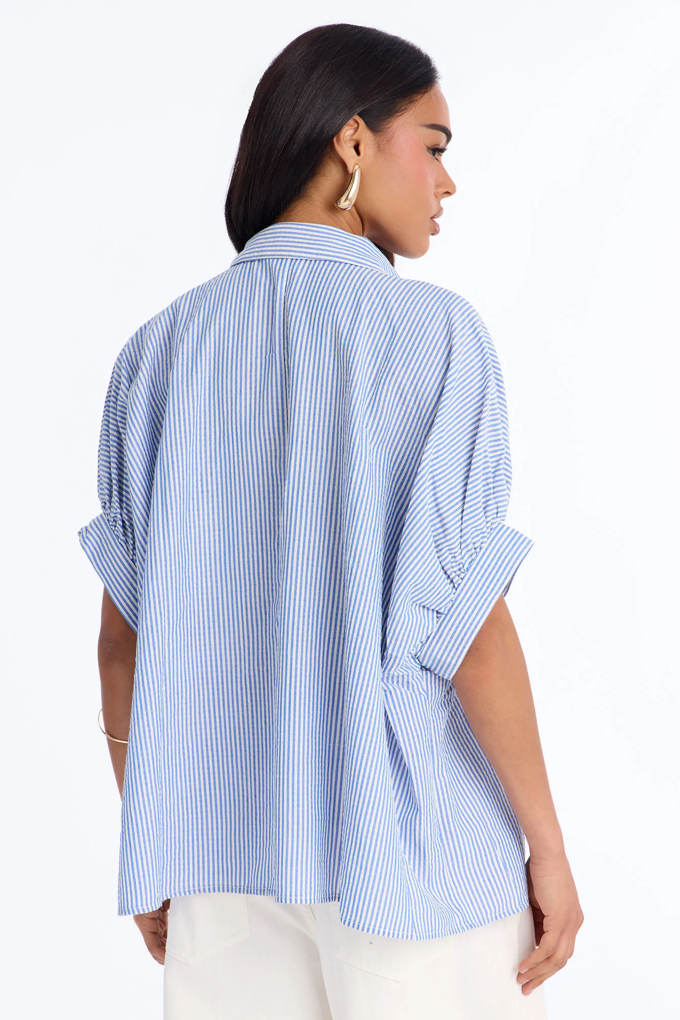 Josie Pinstripe Button Up Short Sleeve Shirt - Blue/combo - Image 4