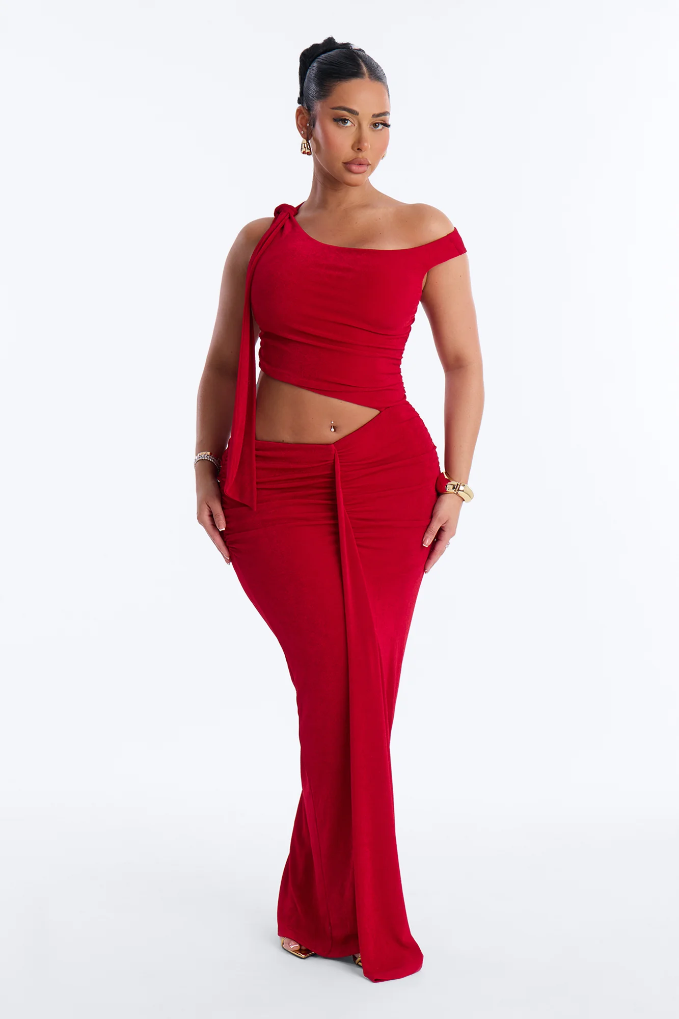 Josie Ruched Slinky Maxi Dress - Red