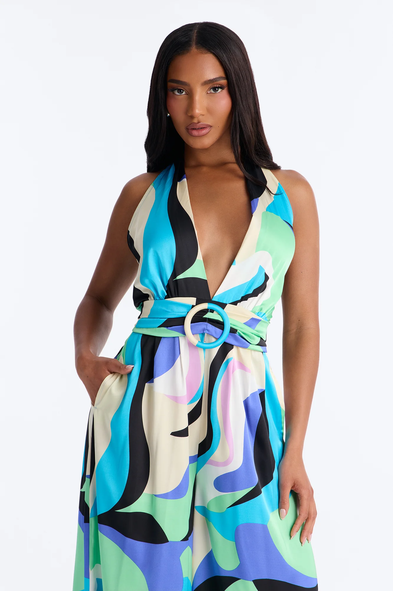 Jules Belted Wide Leg Jumpsuit - Blue - Image 3