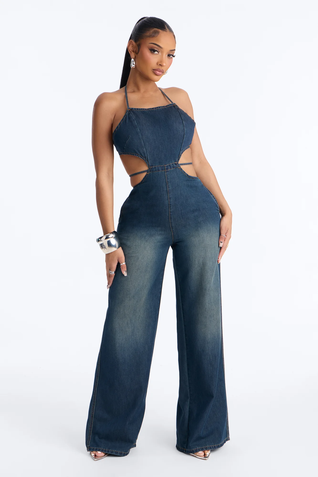 Jules Denim Cut Out Wide Leg Jumpsuit - Dark Wash