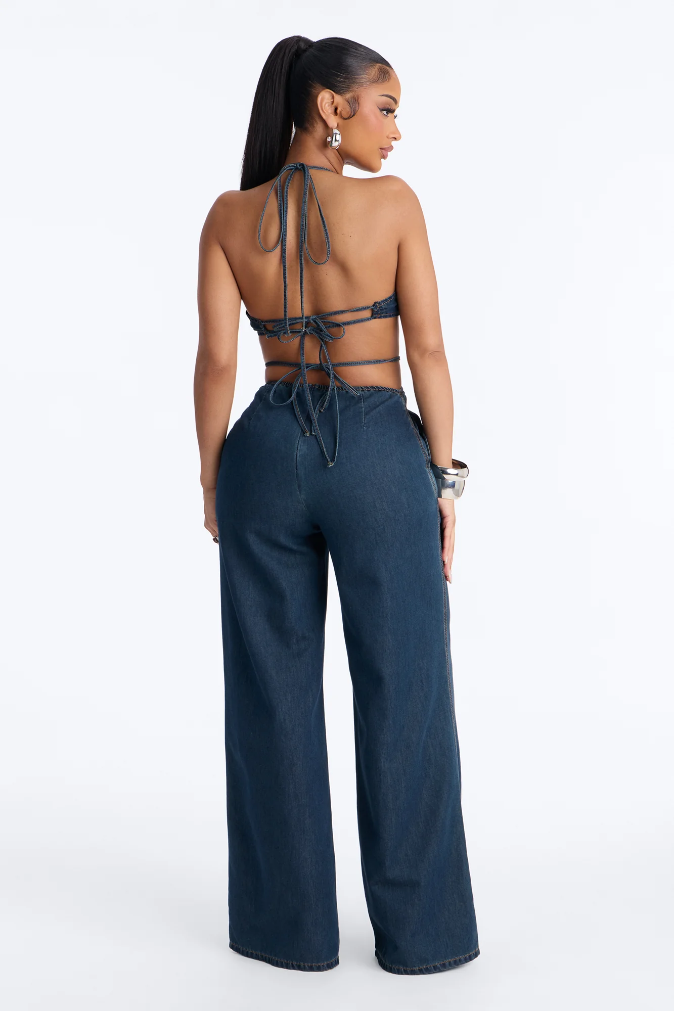 Jules Denim Cut Out Wide Leg Jumpsuit - Dark Wash - Image 3