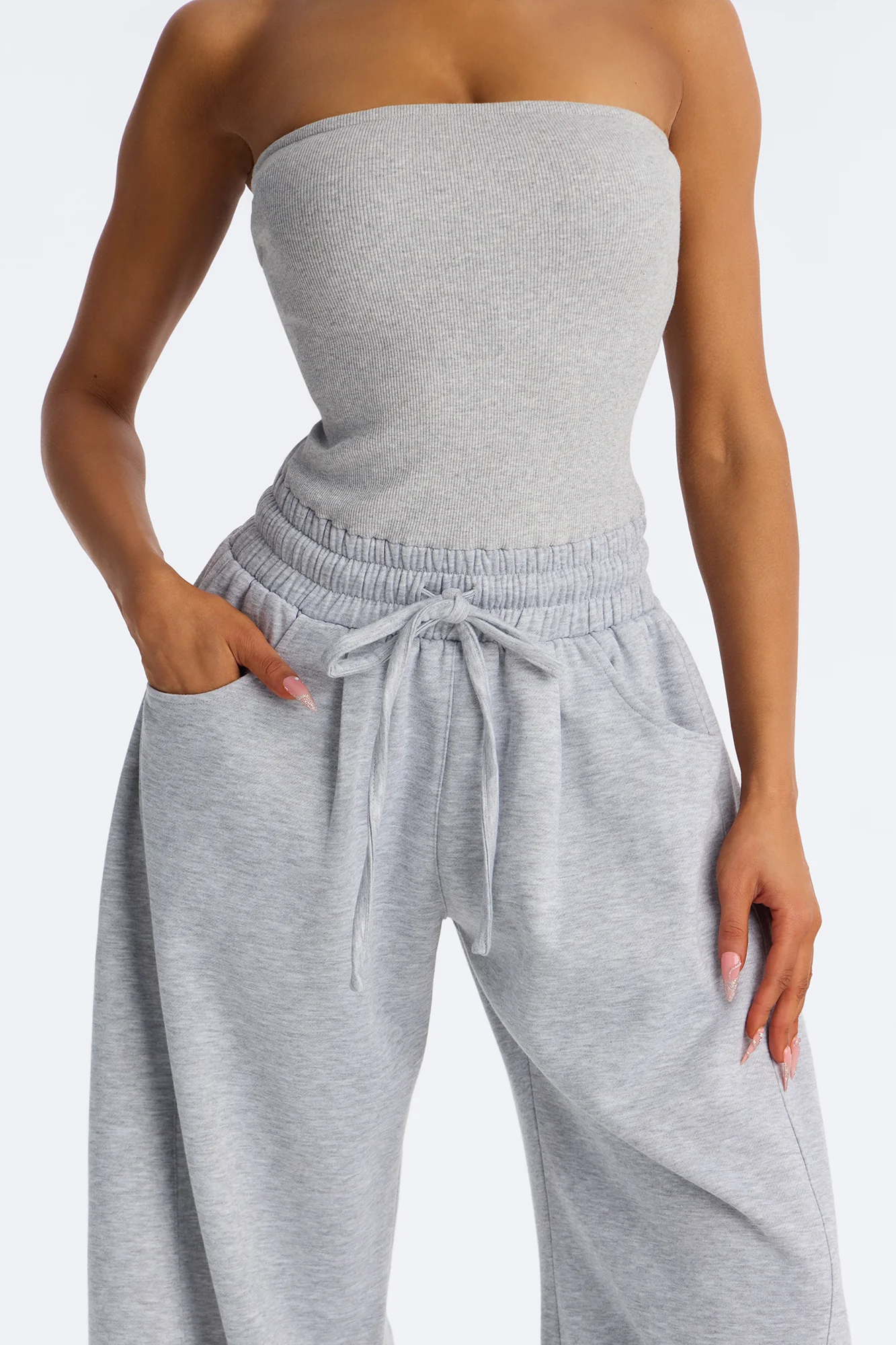 Jules Knit Tube With Fleece Barrel Leg Jumpsuit - Grey - Image 3