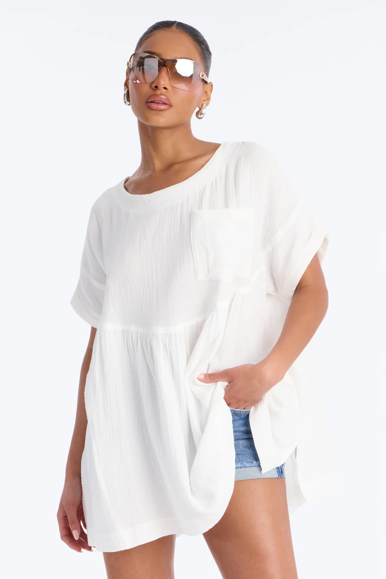Juliana BabyDoll Gauze Tunic Top - White