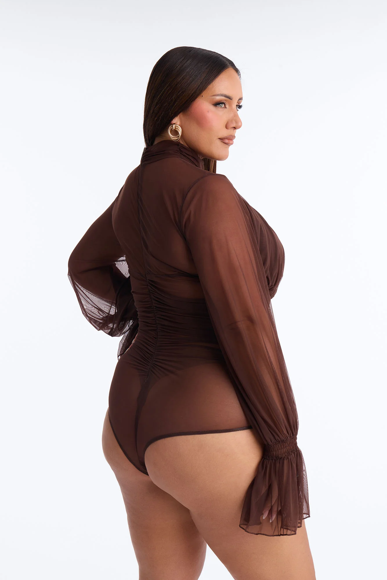 Juliet Ruched Mesh Long Sleeve Bodysuit - Brown - Image 10