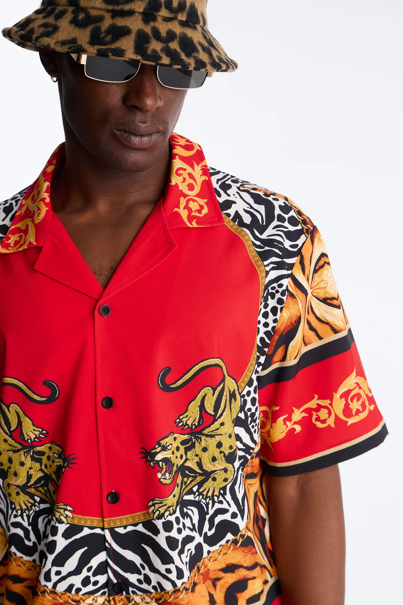 Jungle Royale Baroque Cuban Collar Button Up Shirt - Red - Image 3