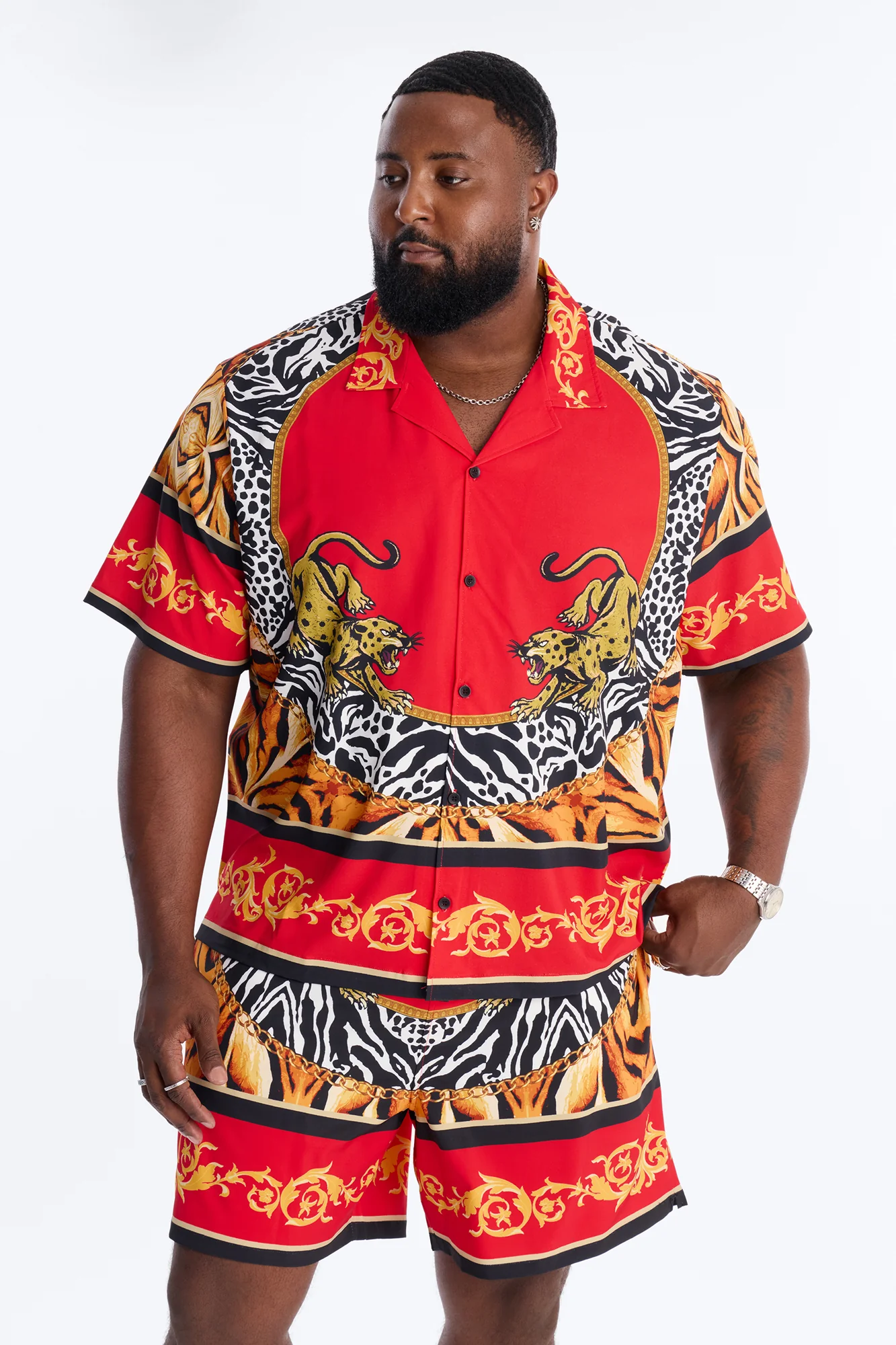 Jungle Royale Baroque Cuban Collar Button Up Shirt - Red - Image 5