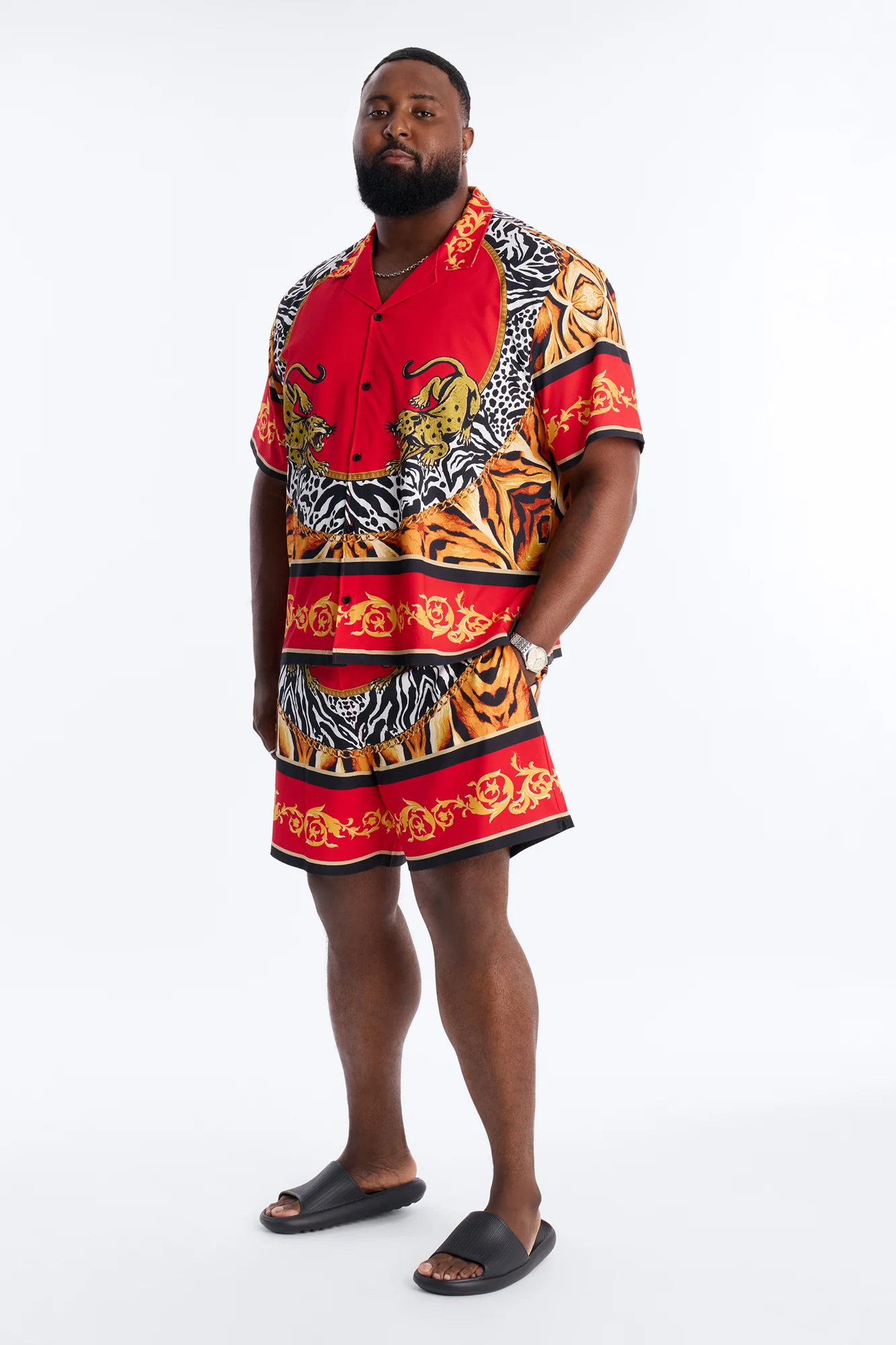 Jungle Royale Baroque Cuban Collar Button Up Shirt - Red - Image 6