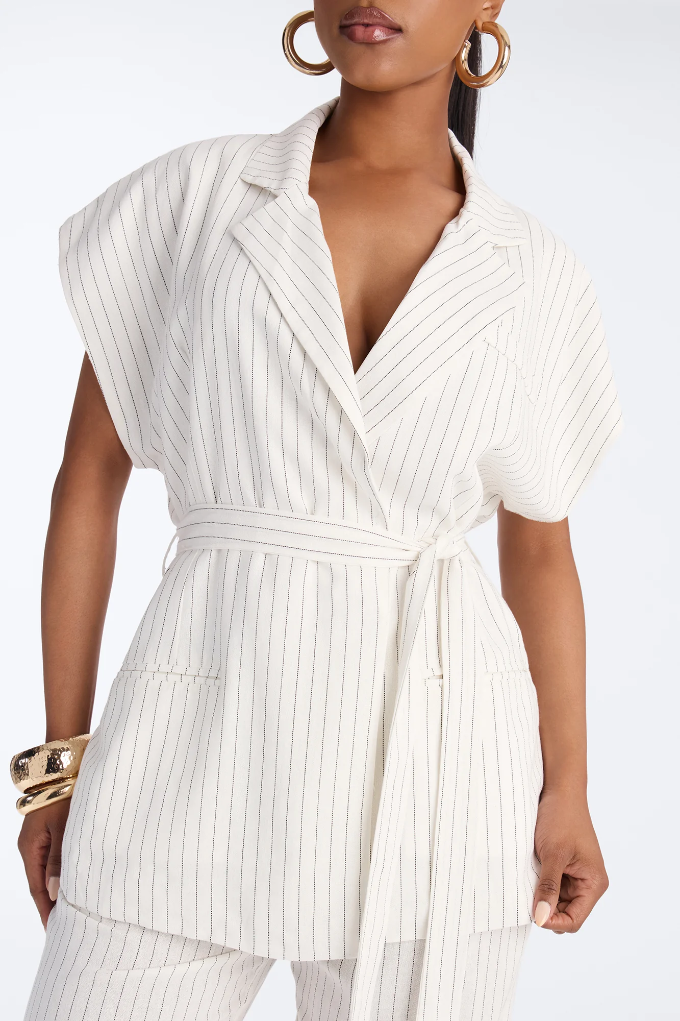 Juno Pinstripe Short Sleeve Tie Waist Linen Blazer - Ivory/combo - Image 3