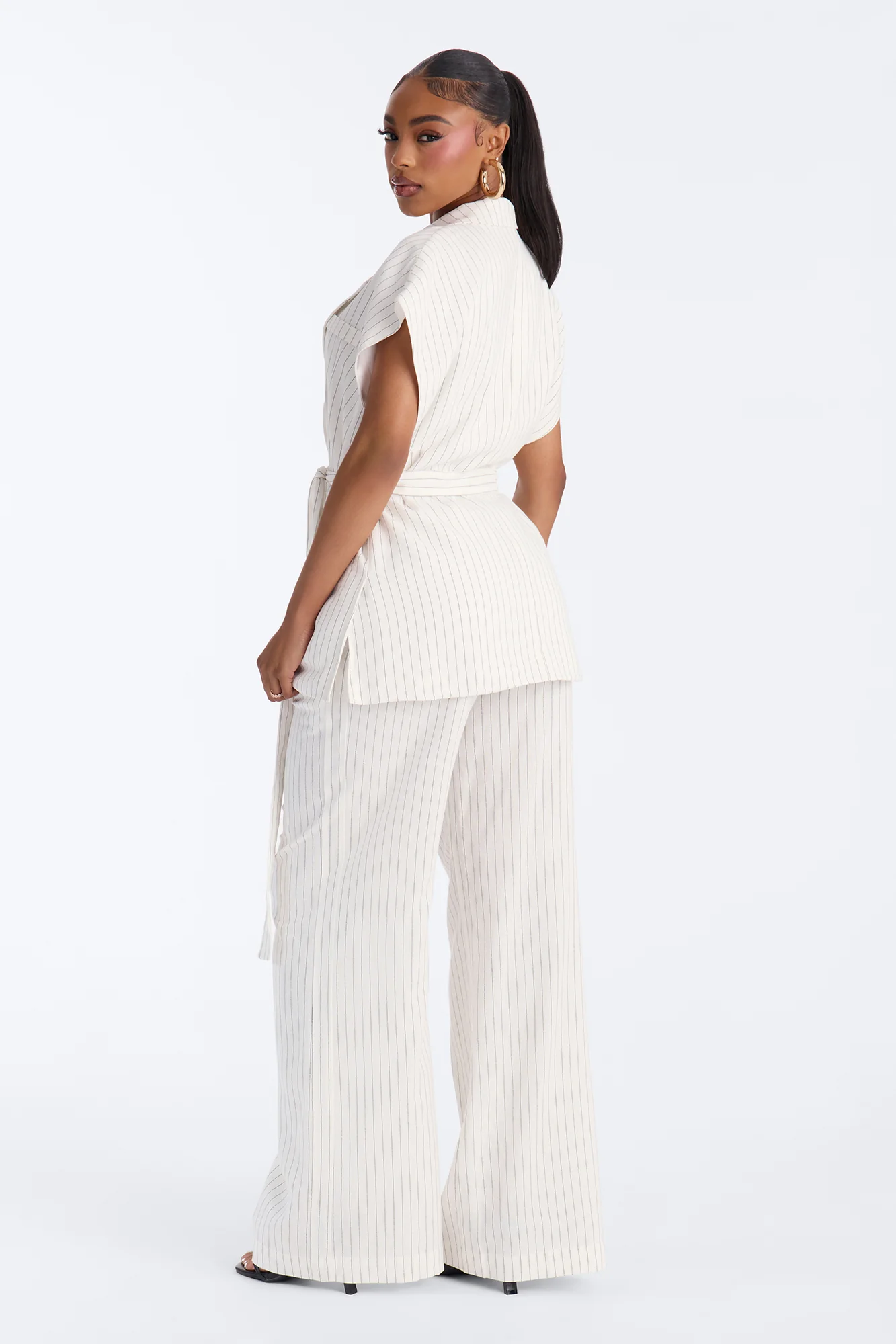 Juno Pinstripe Short Sleeve Tie Waist Linen Blazer - Ivory/combo - Image 4